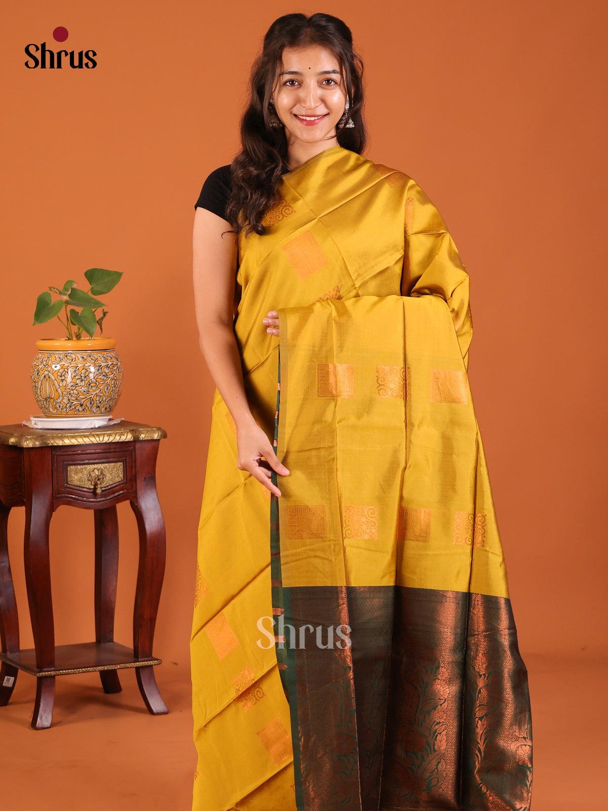 Mustardy Green with Green - Semisoft silk Saree - Shop on Shrus.com