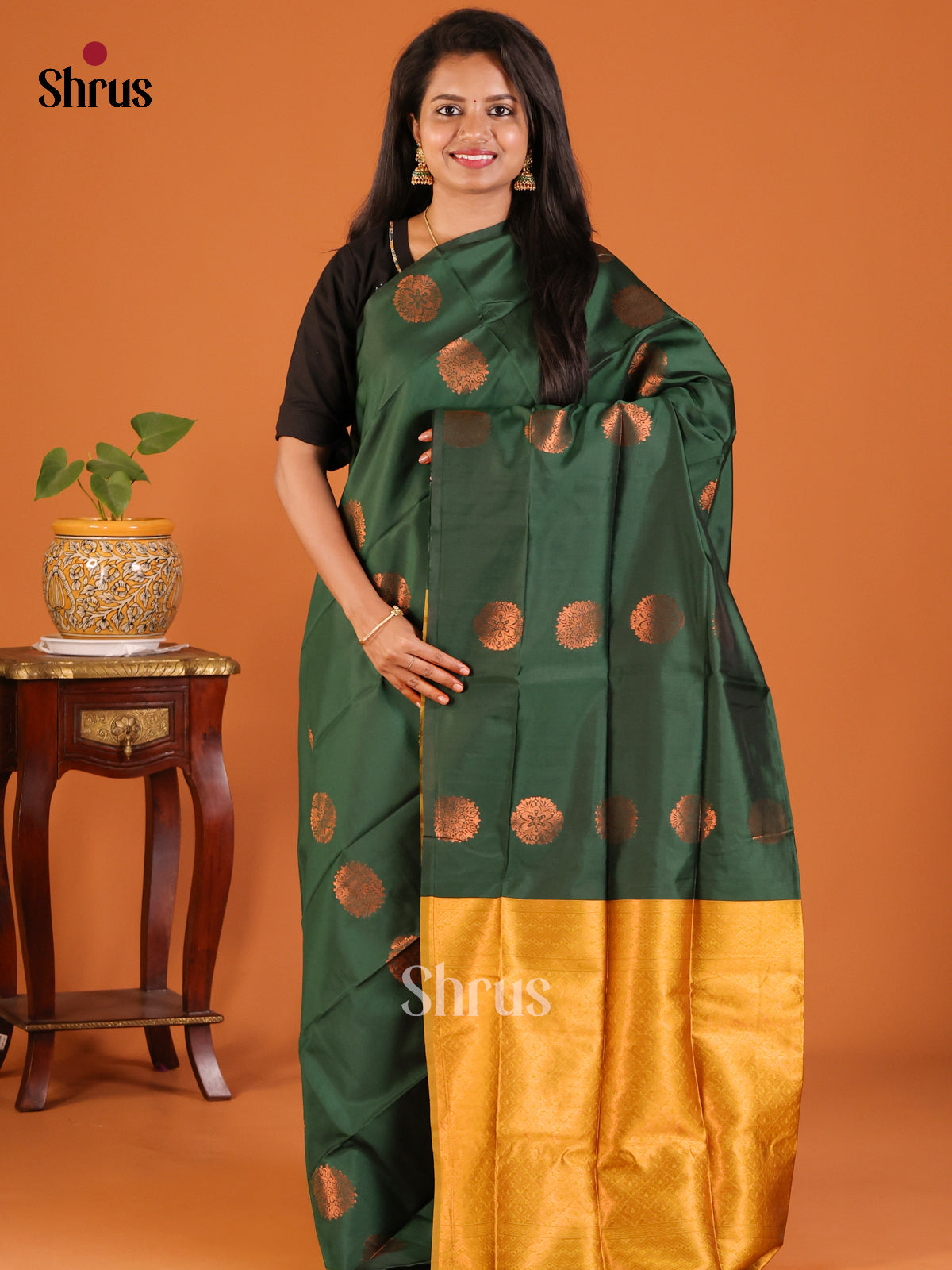 Bottle Green with Mustard - Semisoft silk Saree - Shop on Shrus.com