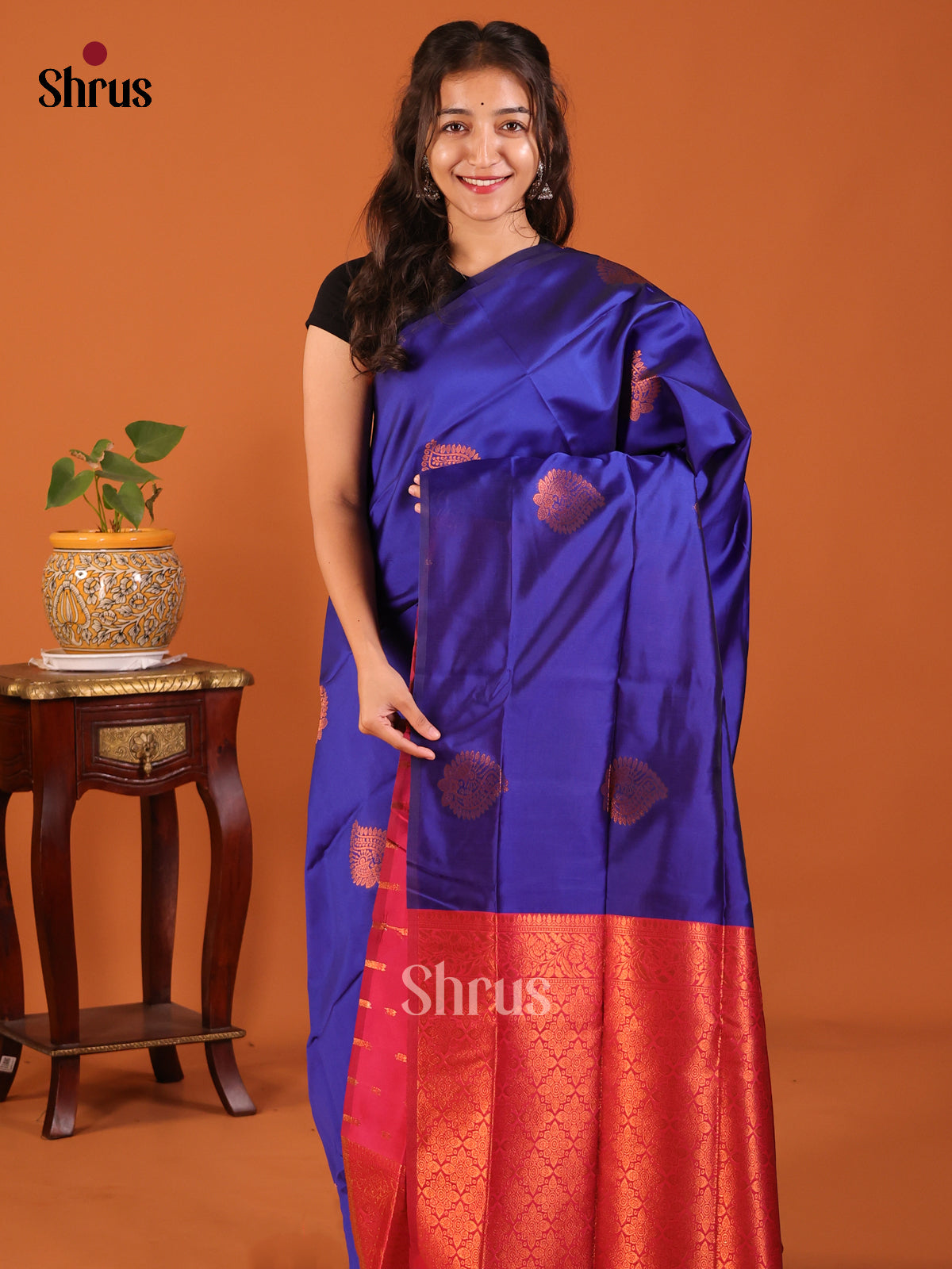 Bold Blue Semisoft silk Saree with zari woven floral motifs ,maroon Zari brocade pallu - Shop on Shrus.com