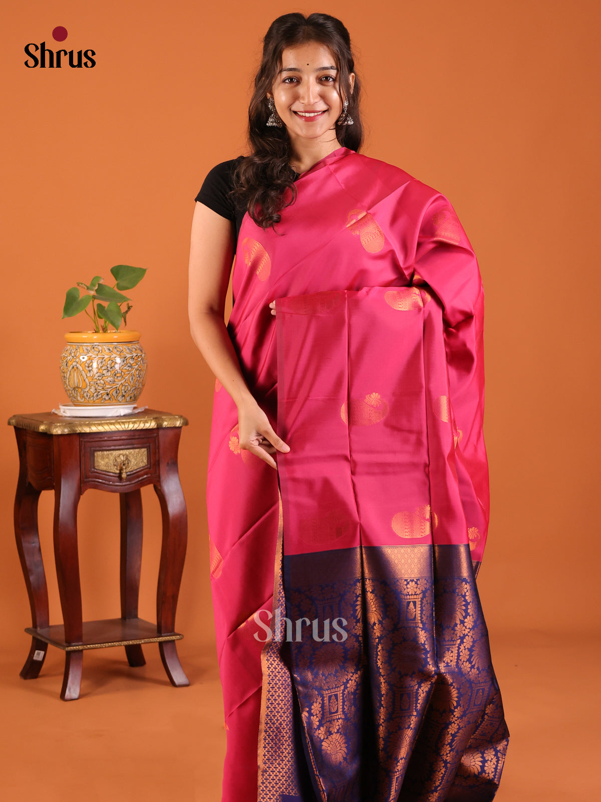 Beautifully Crafted Pink Semisoft silk Saree with zari woven Paisleys motifs , blue floral brocade pallu - Shop on Shrus.com