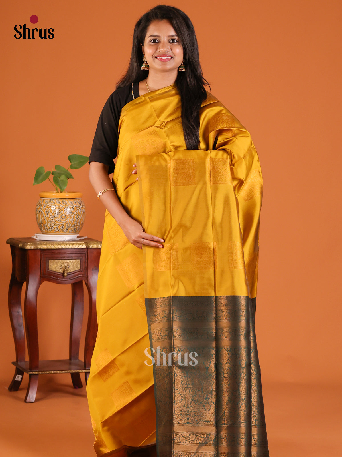 Mustard Green with Green - Semisoft silk Saree - Shop on Shrus.com