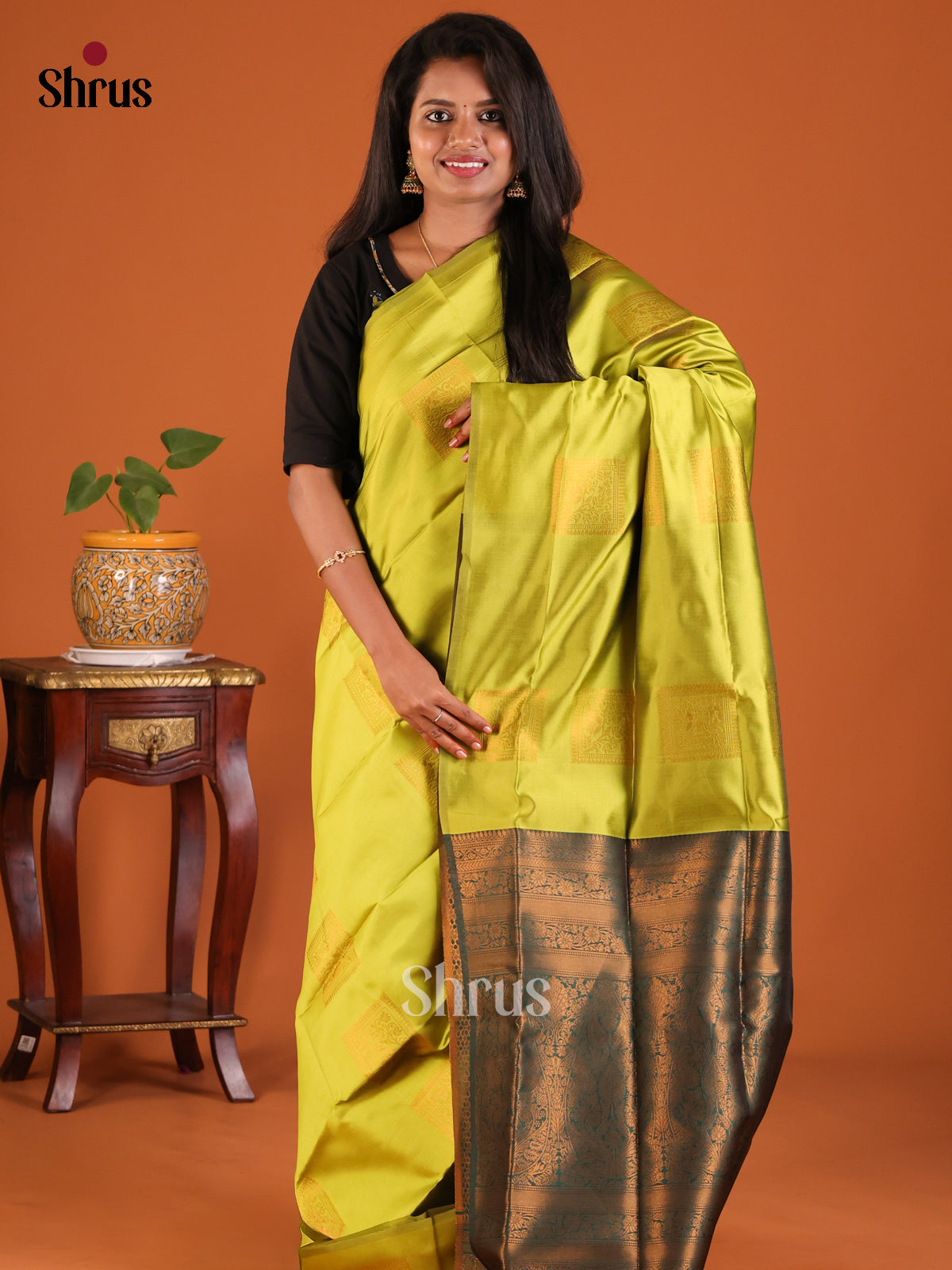 Lime Green with Green - Semisoft silk Saree - Shop on Shrus.com