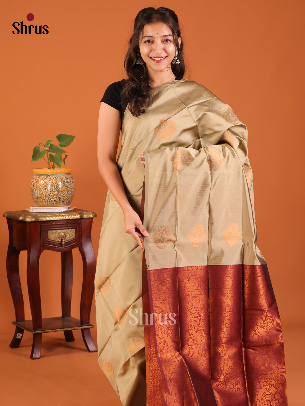Chic Dull Gold Semisoft silk Saree with floral zari buttas , brocade Maroon Pallu - Shop on Shrus.com