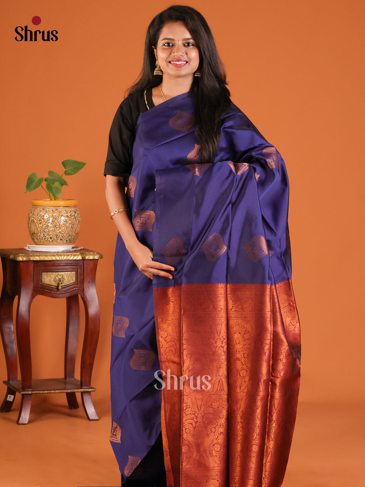 Blue with Maroon - Semisoft silk Saree - Shop on Shrus.com