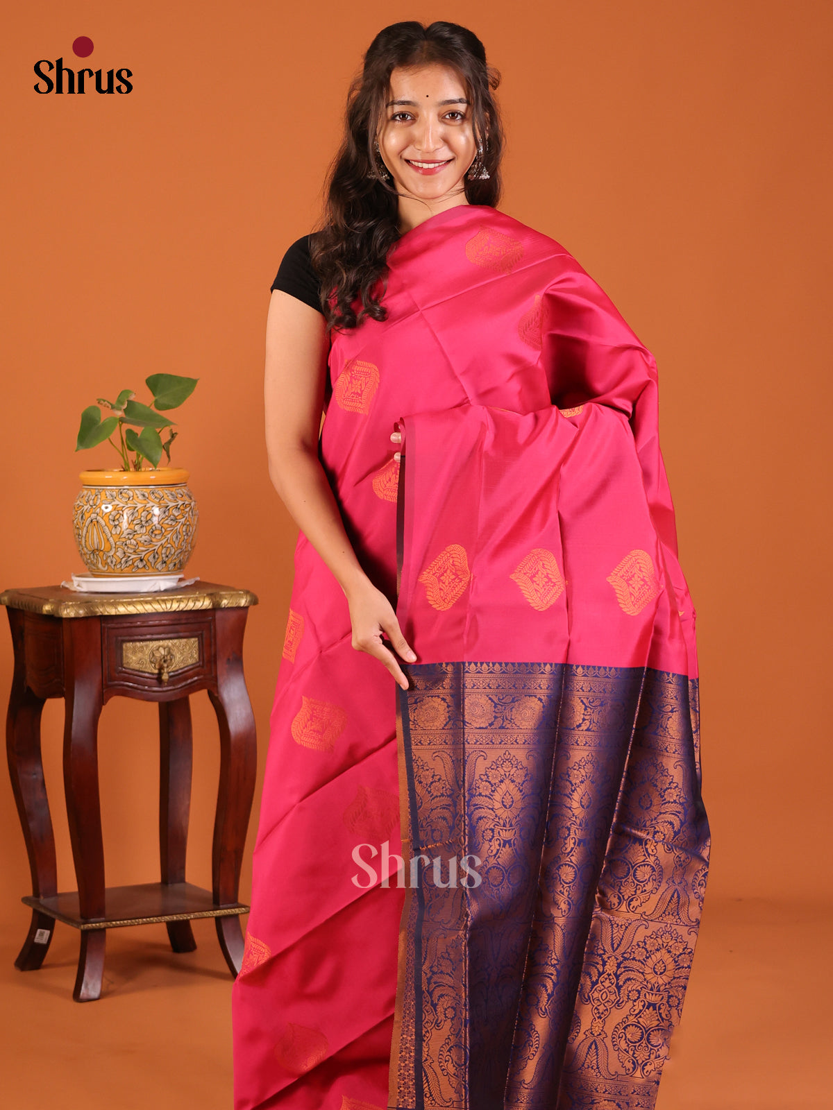 Charming Pink Semisoft silk Saree with gold zari floral motifs, blue floral brocade pallu - Shop on Shrus.com