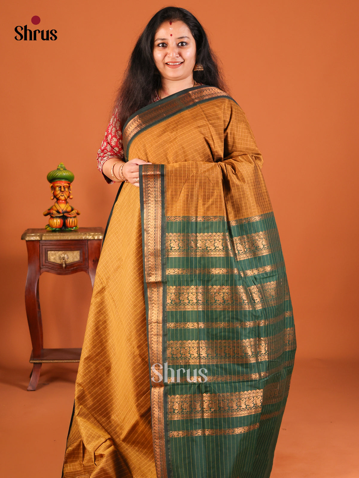 Mustard with Green - Kalyani Cotton Saree - Shop on Shrus.com