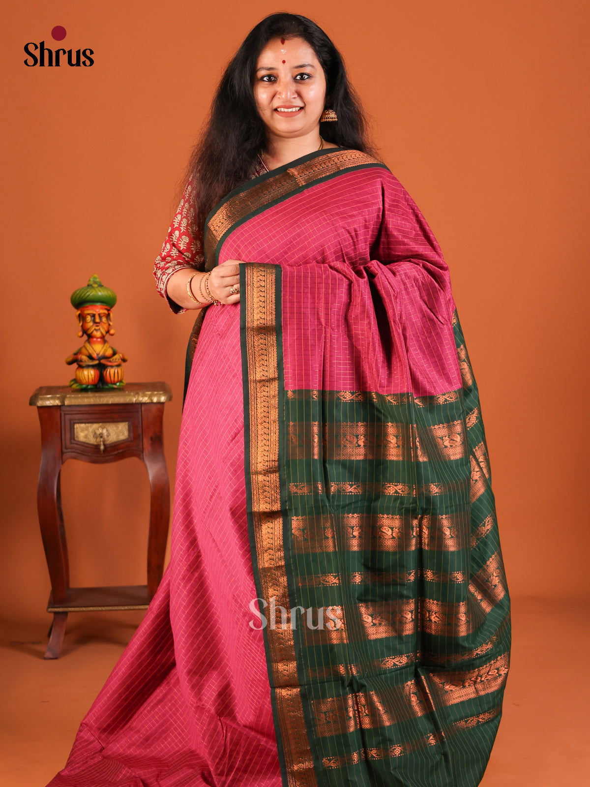 Pink with Green - Kalyani Cotton Saree - Shop on Shrus.com