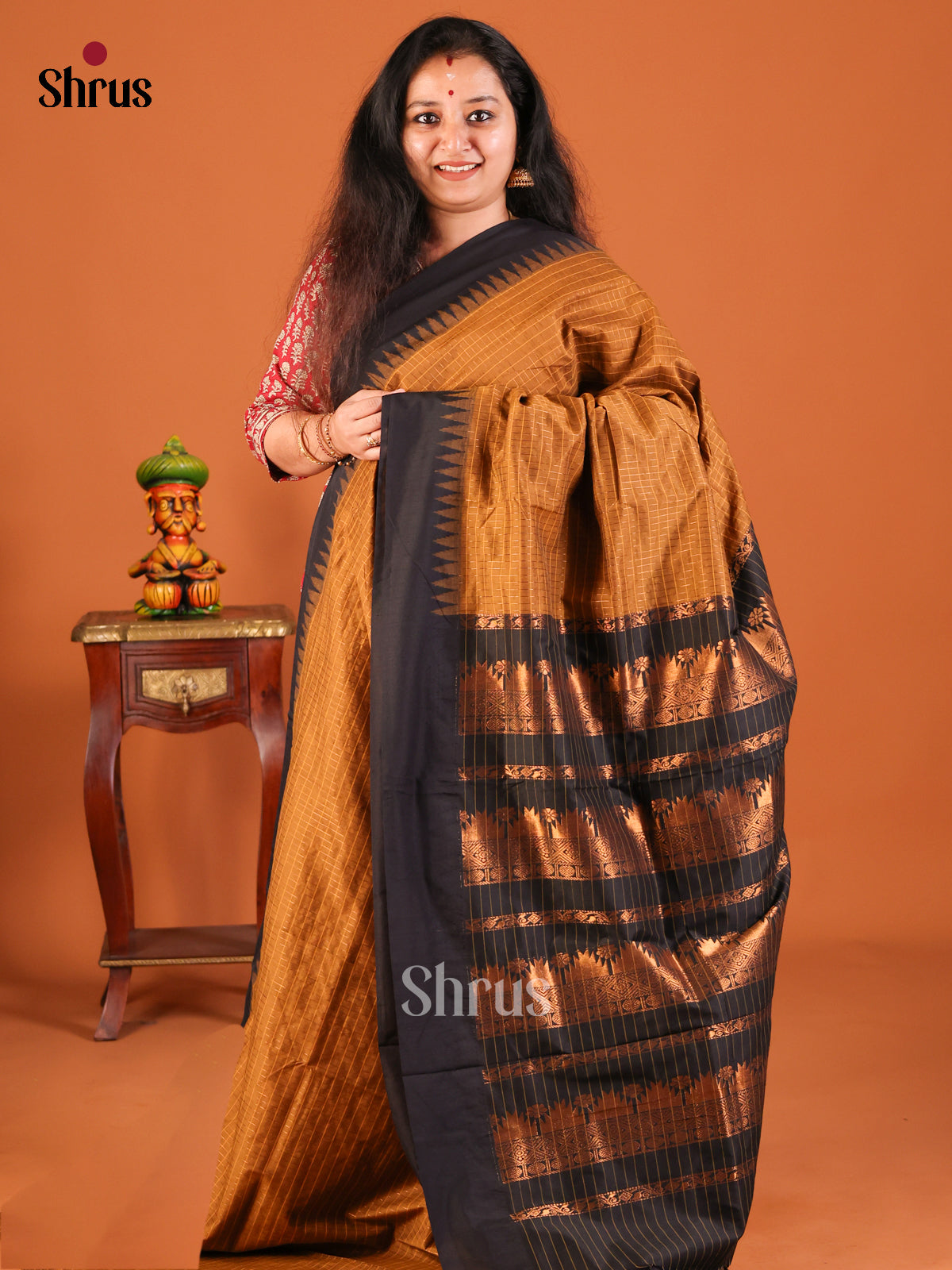 Mustard with Black - Kalyani Cotton Saree - Shop on Shrus.com