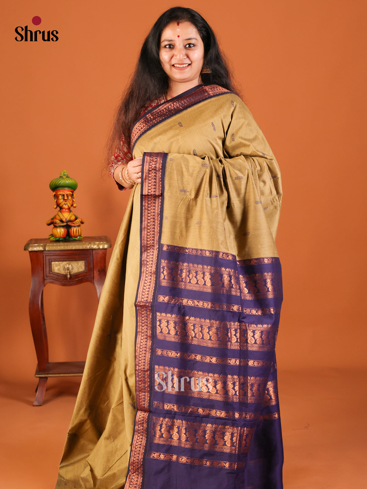 Gold with Blue - Kalyani Cotton Saree - Shop on Shrus.com