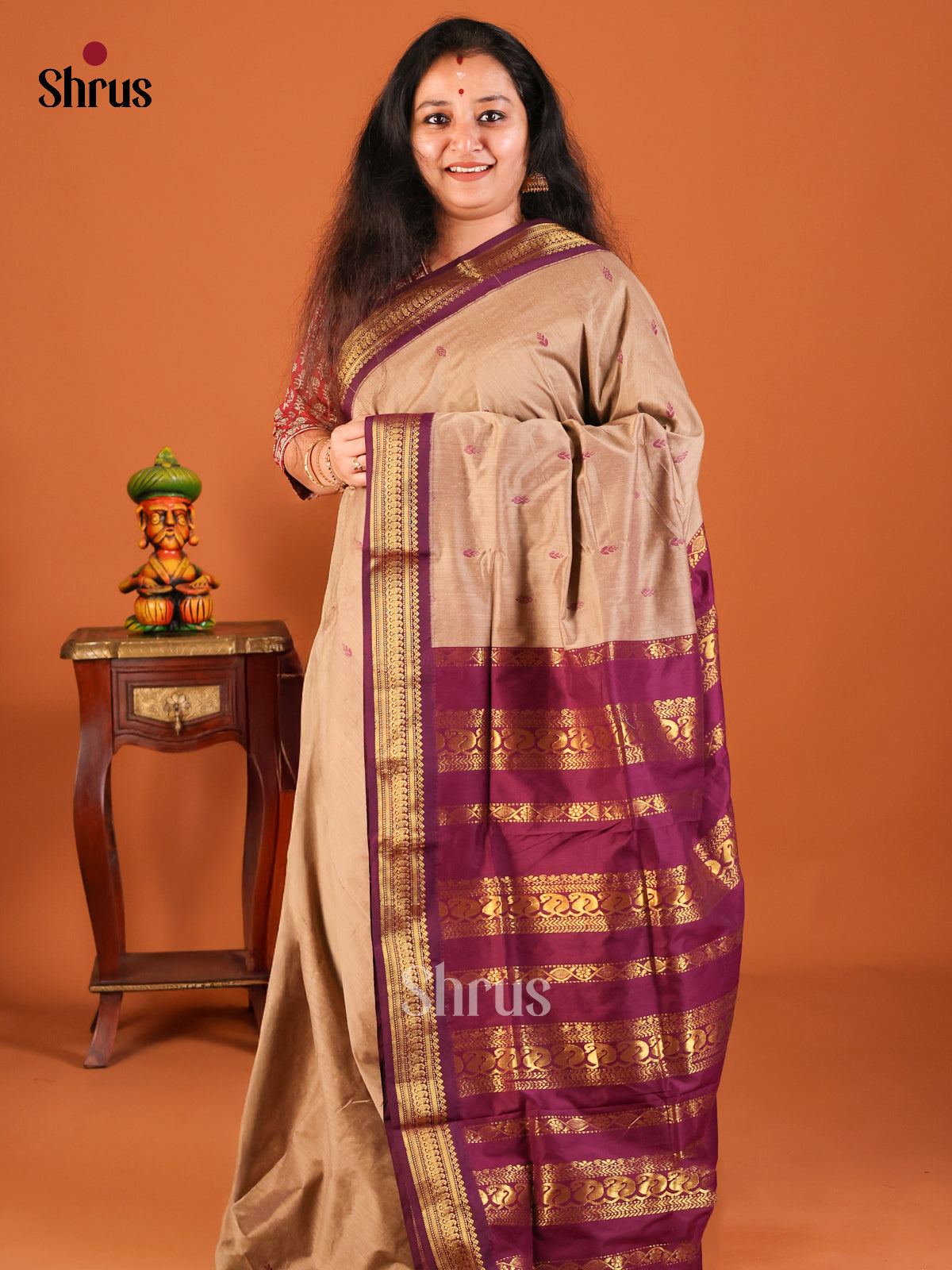 Dusty Brown with purple - Kalyani Cotton Saree - Shop on Shrus.com