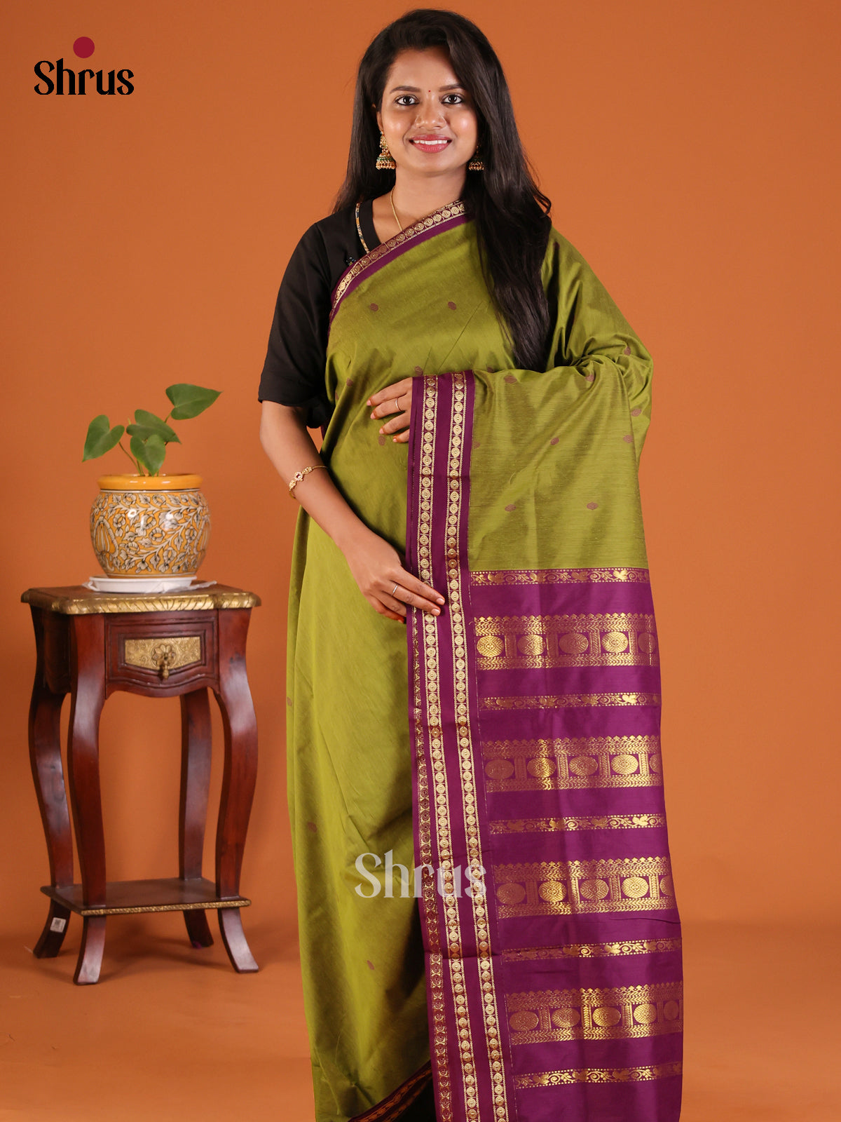 Green with Violet - Kalyani Cotton Saree - Shop on Shrus.com
