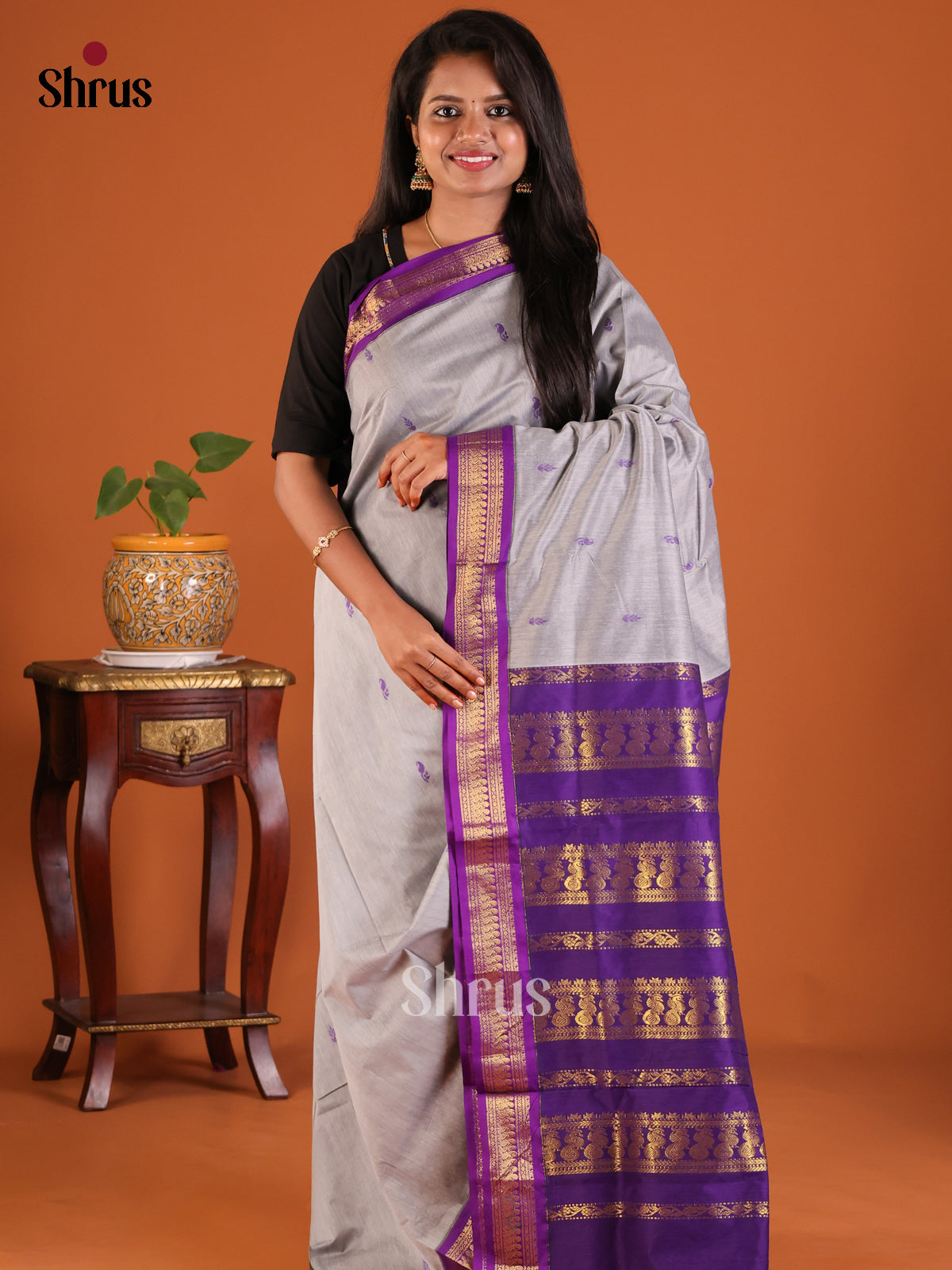 Grey with Violet - Kalyani Cotton Saree - Shop on Shrus.com