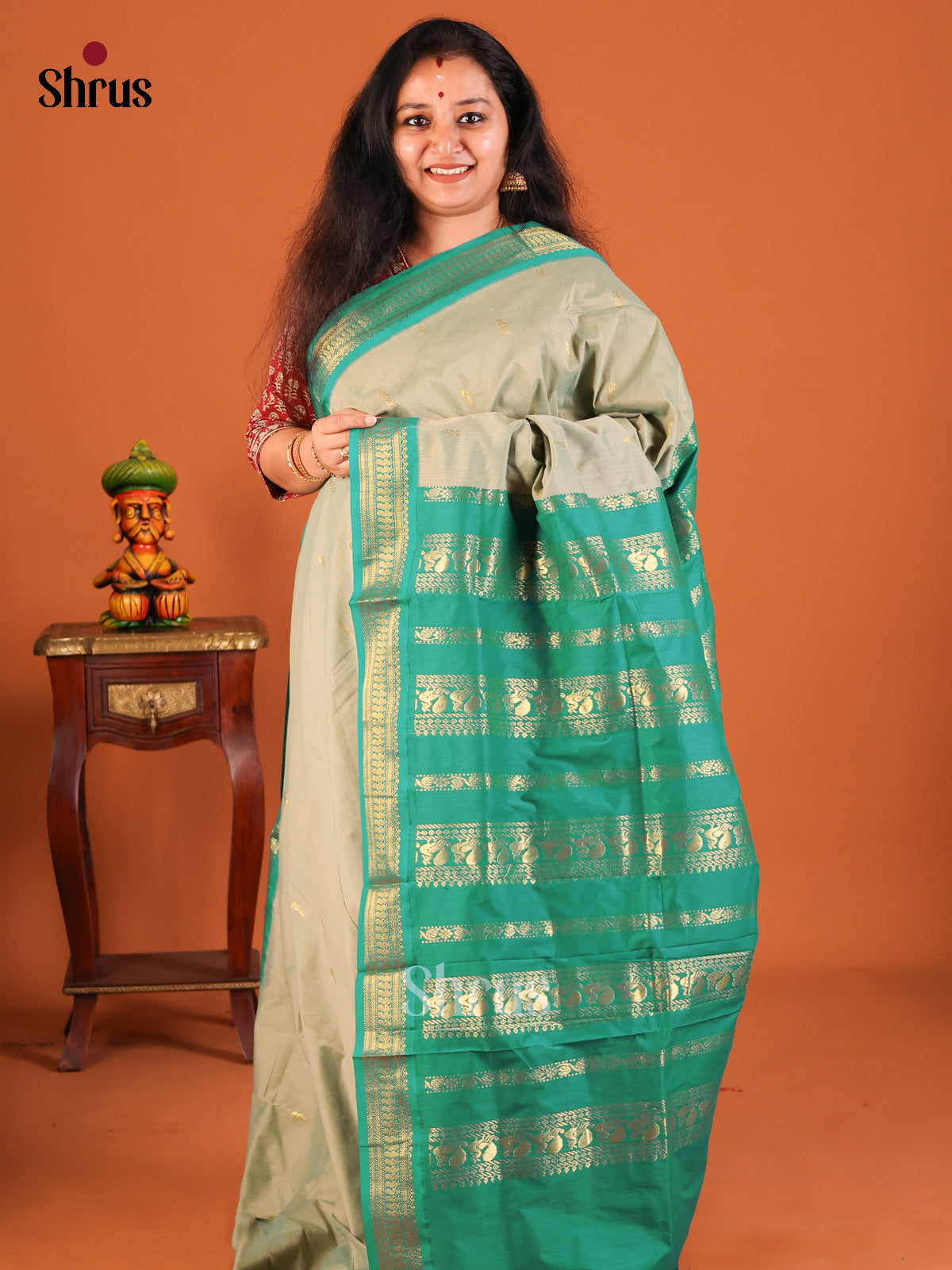 Grey with Green - Kalyani Cotton Saree - Shop on Shrus.com