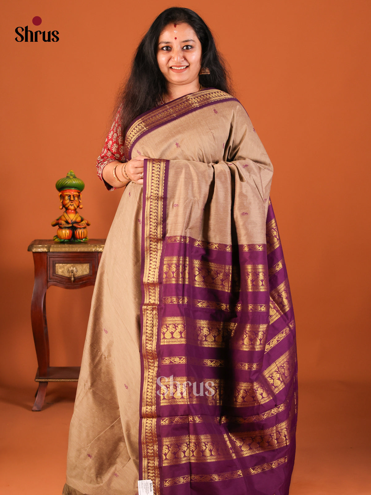 Opulent Dusty Brown Kalyani Cotton Saree with Violet Zari Border & Woven Pallu - Shop on Shrus.com