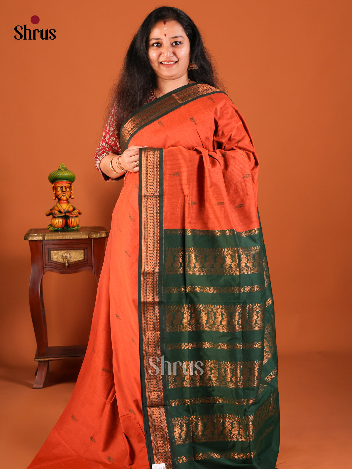 Orange with Green - Kalyani Cotton Saree - Shop on Shrus.com
