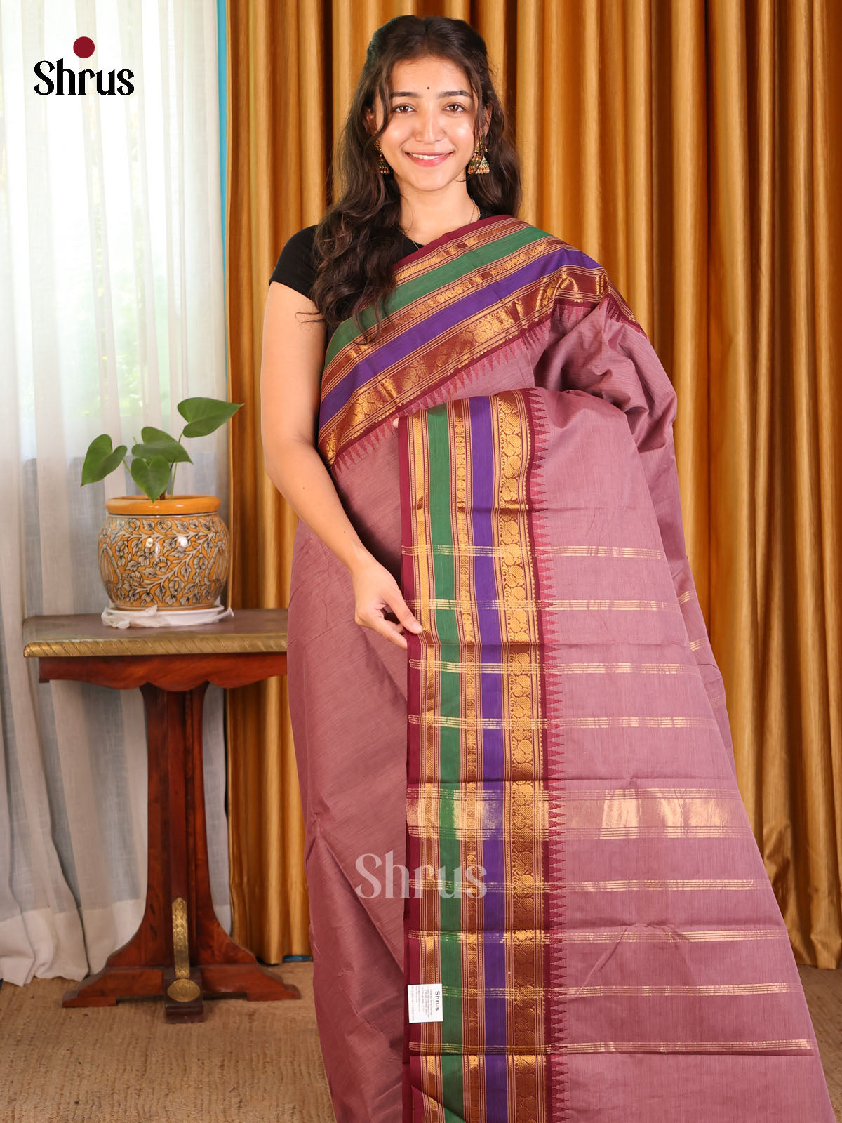 Onion Pink with Maroon - Chettinad Cotton Saree - Shop on Shrus.com