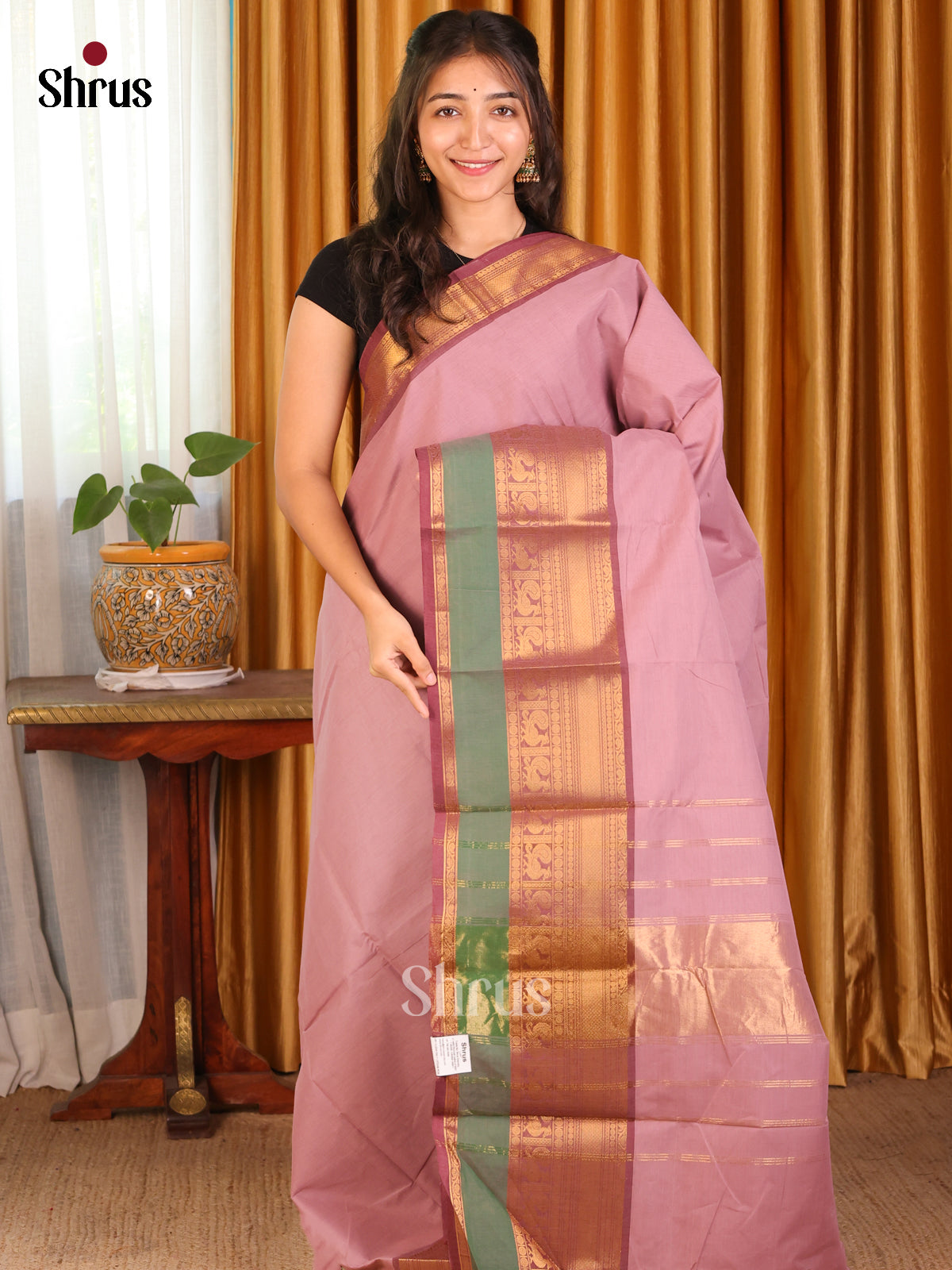 Onion Pink with  Purple- Chettinad Cotton Saree - Shop on Shrus.com