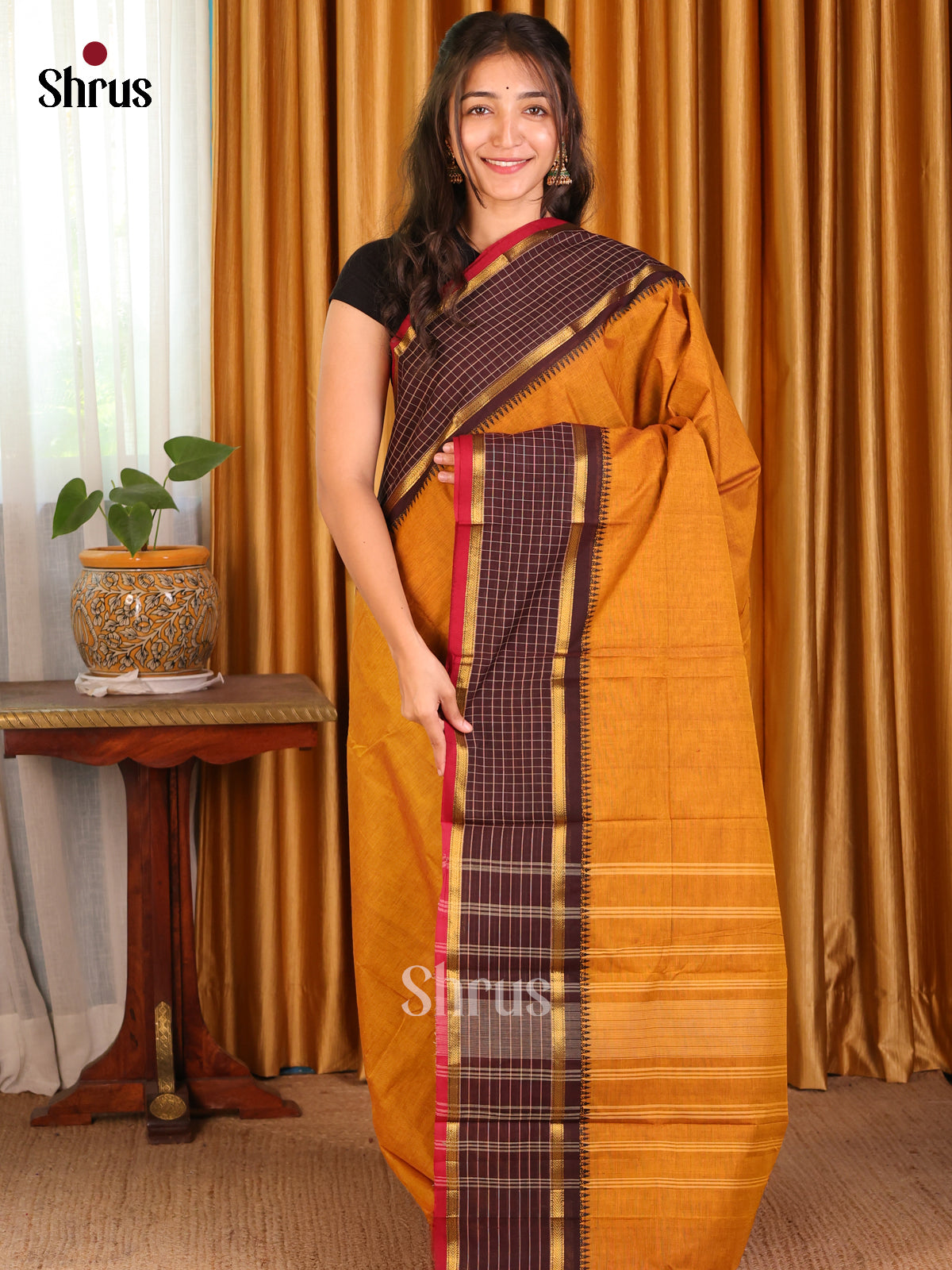 Mustard with Brown - Chettinad Cotton Saree - Shop on Shrus.com