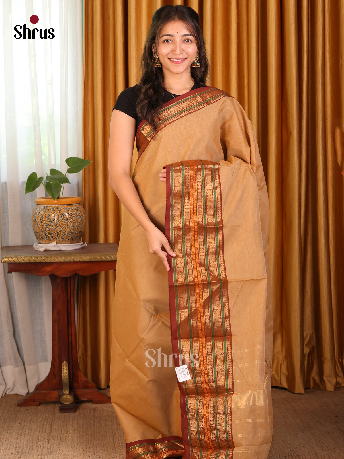 Biscuit with Brown - Chettinad Cotton Saree - Shop on Shrus.com
