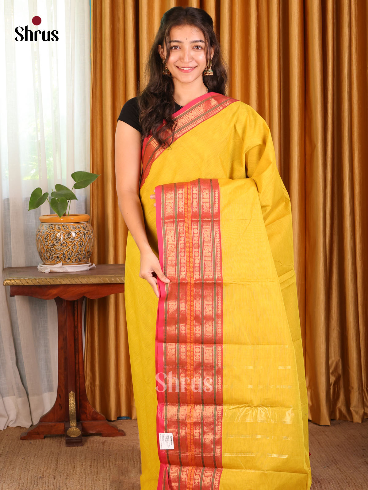 Mustard with Red - Chettinad Cotton Saree - Shop on Shrus.com