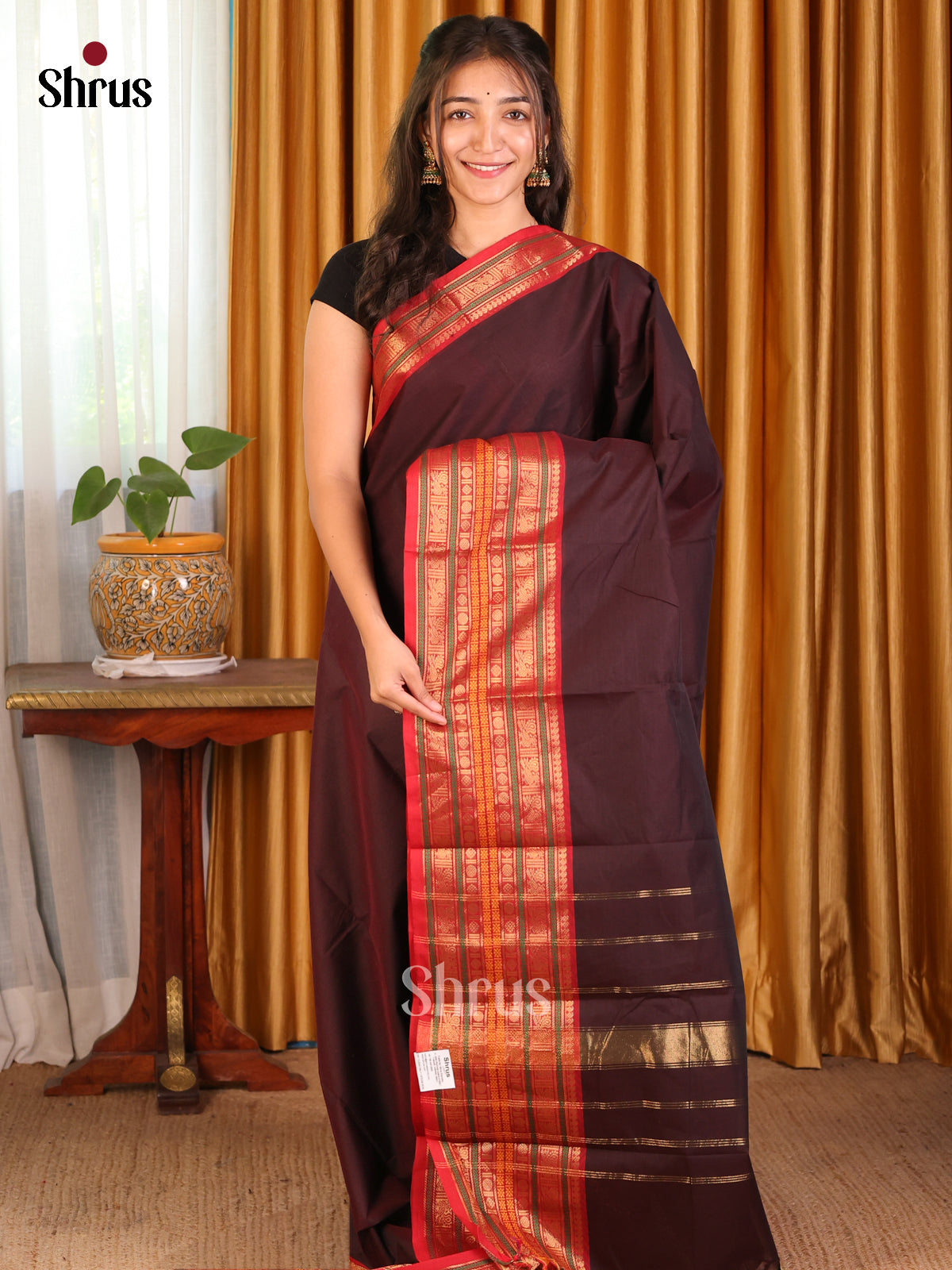 Brown with Red - Chettinad Cotton Saree - Shop on Shrus.com