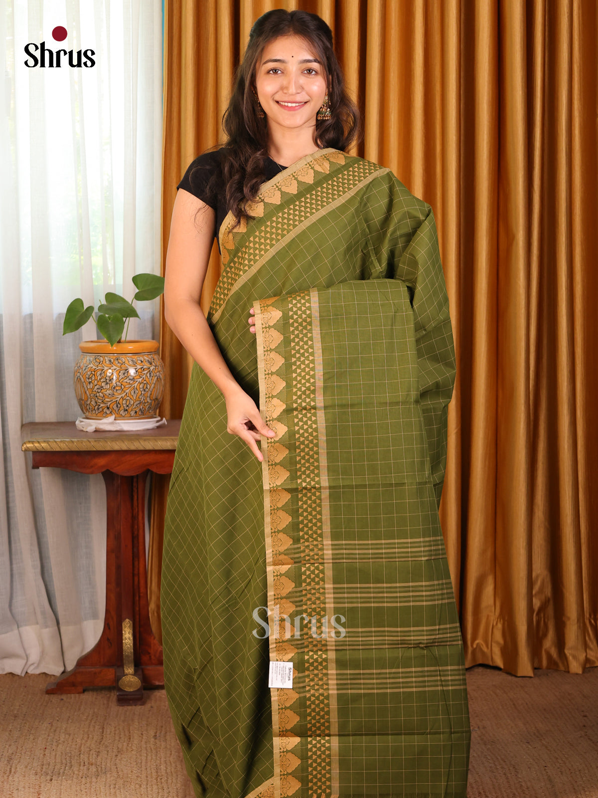 Mehandi Green- Chettinad Cotton Saree - Shop on Shrus.com
