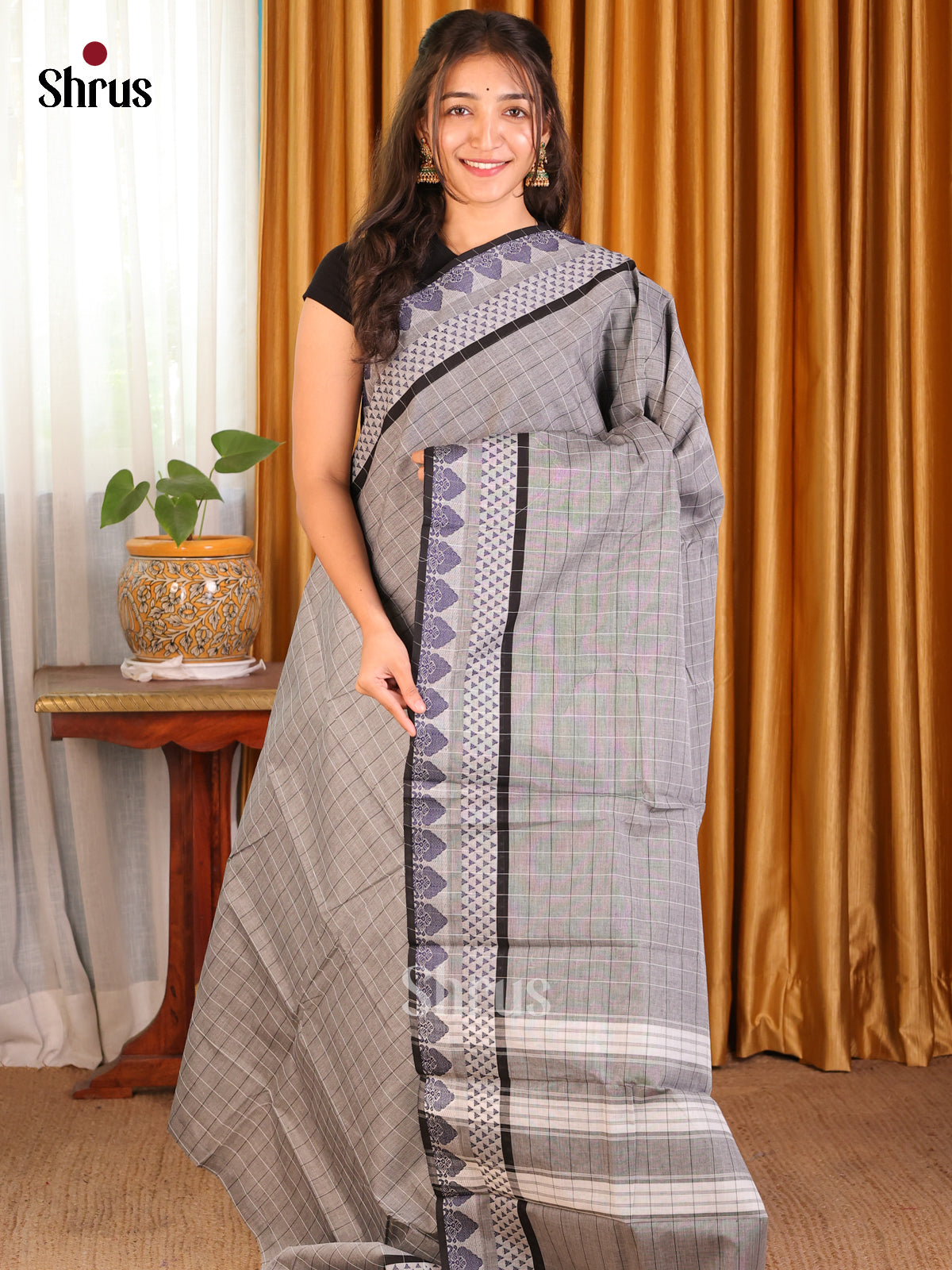 Grey with Black - Chettinad Cotton Saree - Shop on Shrus.com