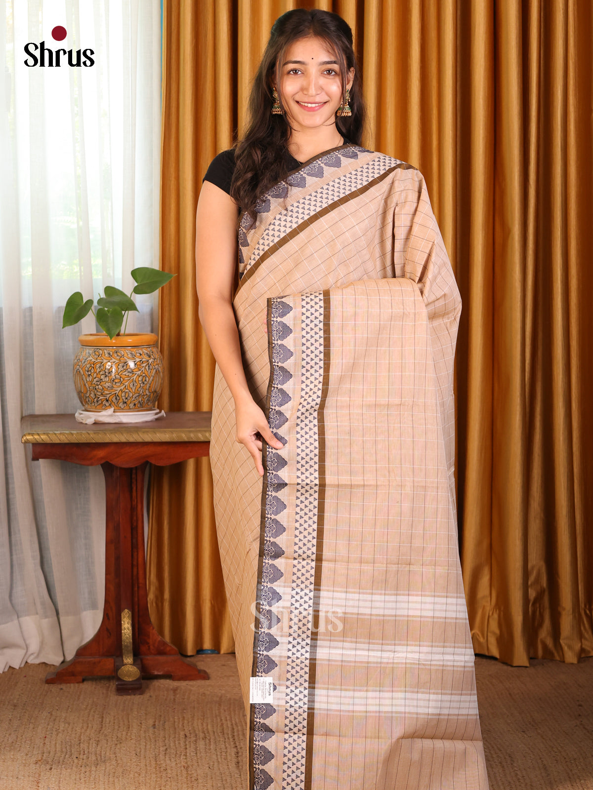 Beige with Chutney Green- Chettinad Cotton Saree - Shop on Shrus.com