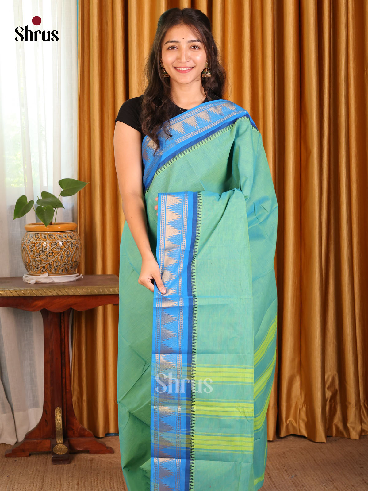 Pastel Green Chettinad Cotton Saree with Blue Temple Zari Border & Self-Woven Pallu - Shop on Shrus.com