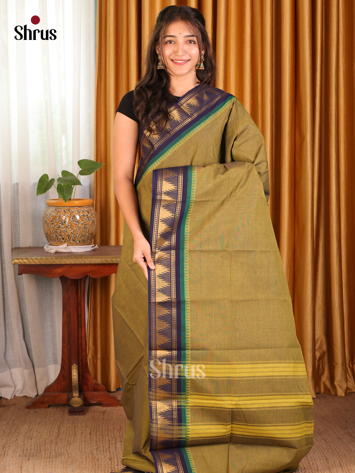 Chutney Green with Blue - Chettinad Cotton Saree - Shop on Shrus.com