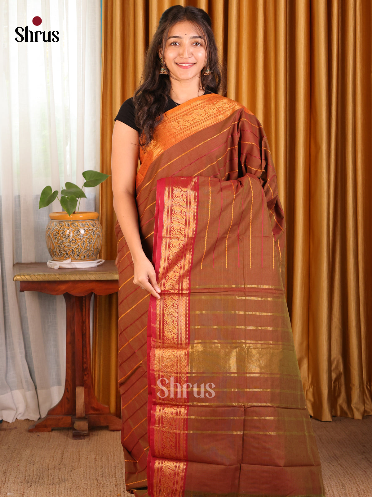 Brown with Red - Chettinad Cotton Saree - Shop on Shrus.com