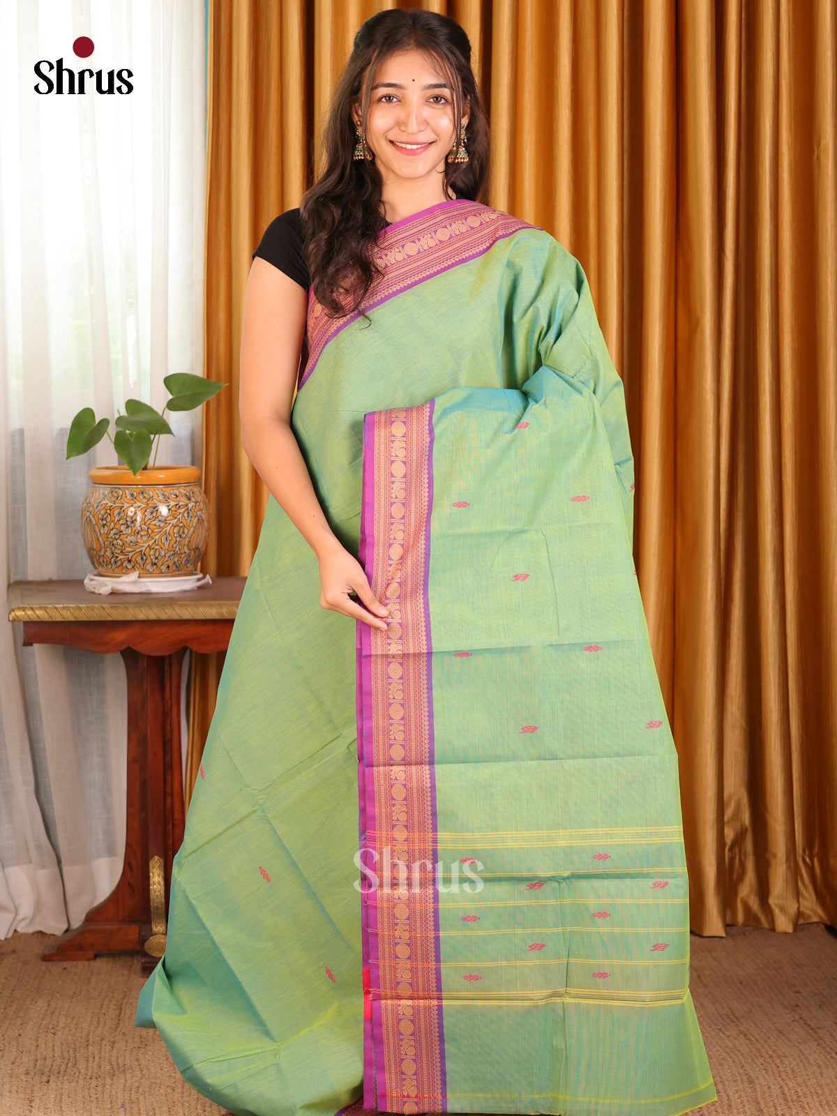 Pista Green with Purple - Chettinad Cotton Saree - Shop on Shrus.com