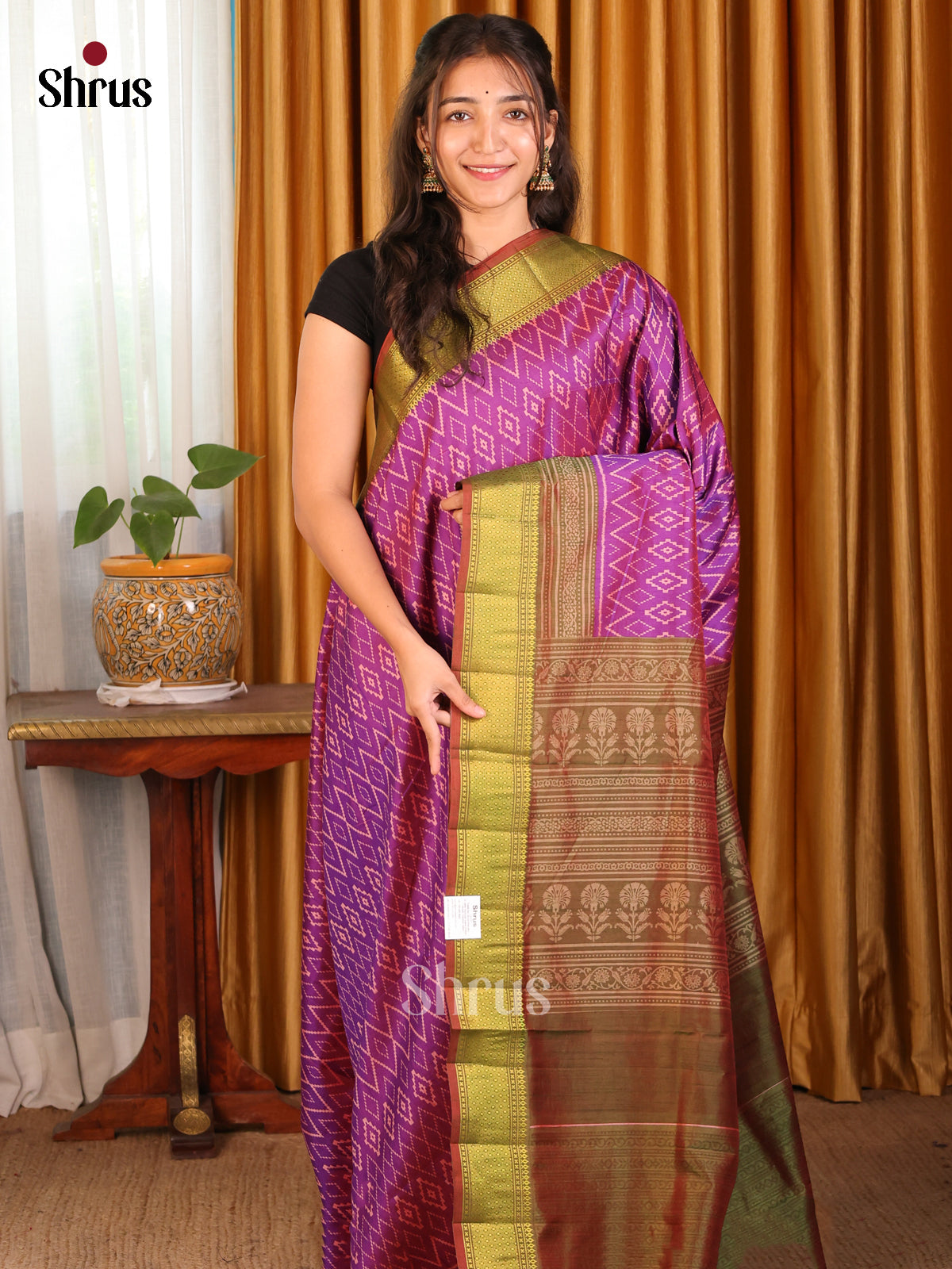 Purple with Green - Semi Patola Saree - Shop on Shrus.com