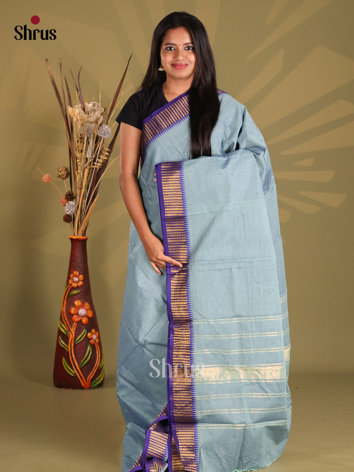 Pastel Blue & Blue - Chettinad Cotton Saree - Shop on Shrus.com