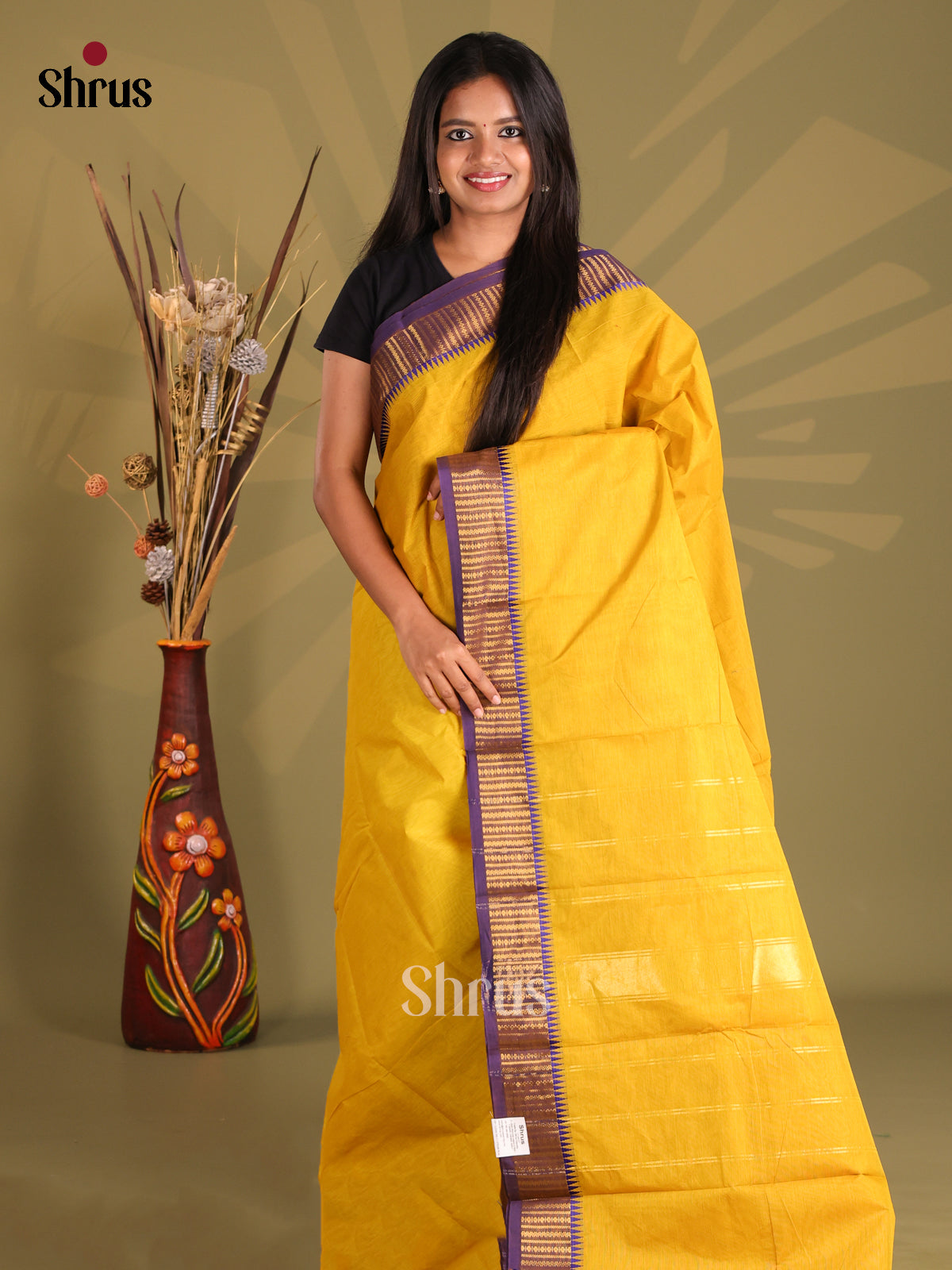Yellow & Violet - Chettinad Cotton Saree - Shop on Shrus.com