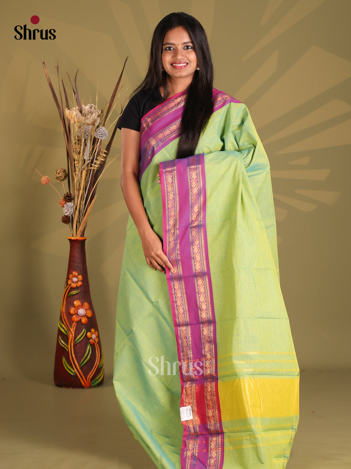 Light Green & Purple - Chettinad Cotton Saree - Shop on Shrus.com