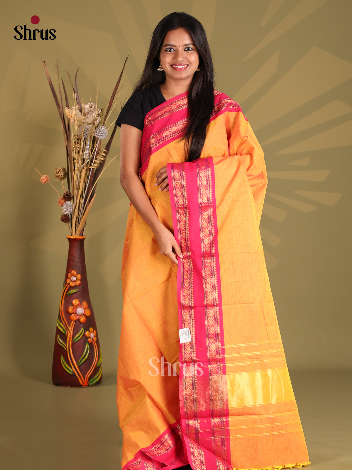 Mustard & Pink  - Chettinad Cotton Saree - Shop on Shrus.com