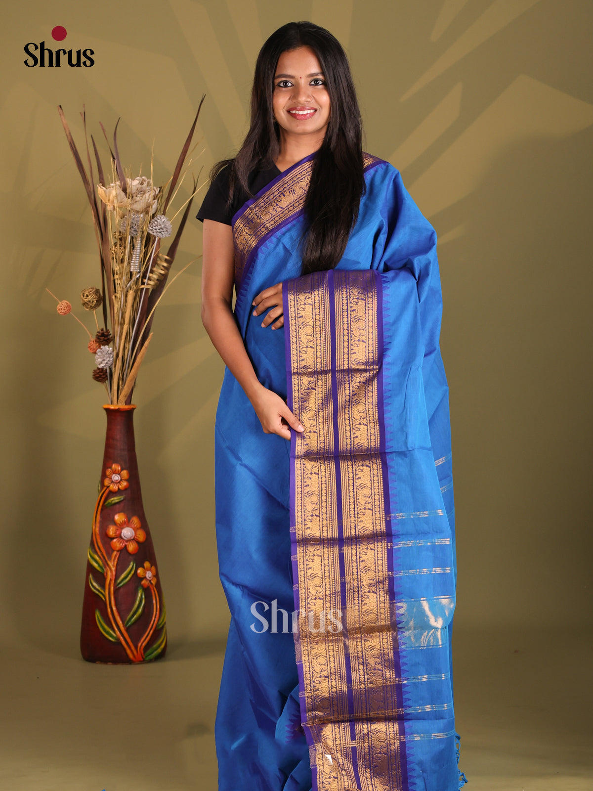 Blue & Navy Blue - Chettinad Cotton Saree - Shop on Shrus.com