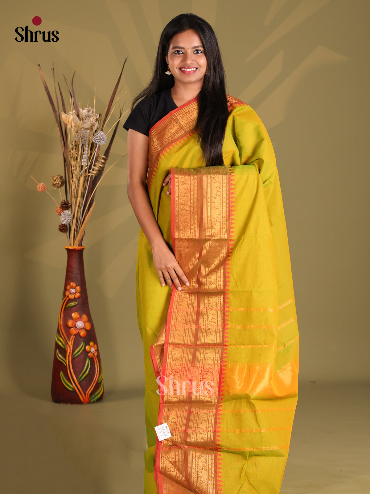 Lime Green & Orange - Chettinad Cotton Saree - Shop on Shrus.com