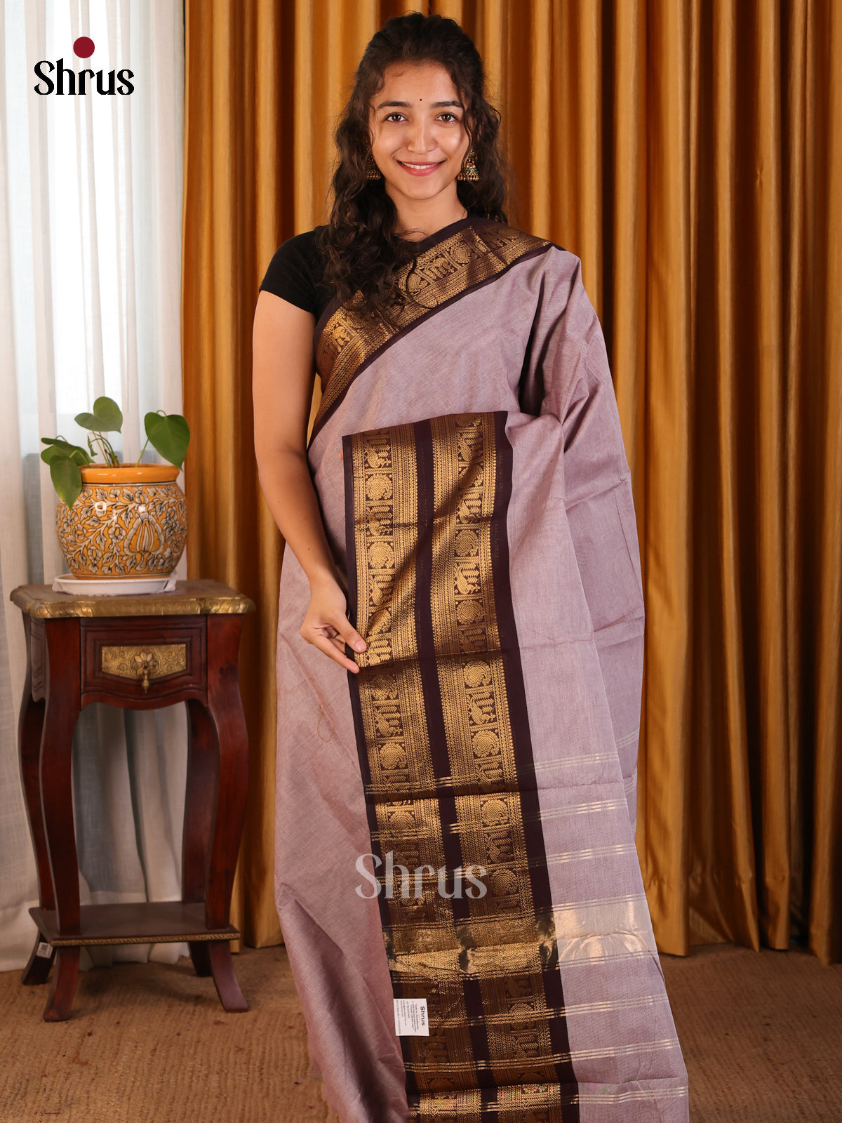 Mild Lavender with Brown - Chettinad Cotton Saree - Shop on Shrus.com