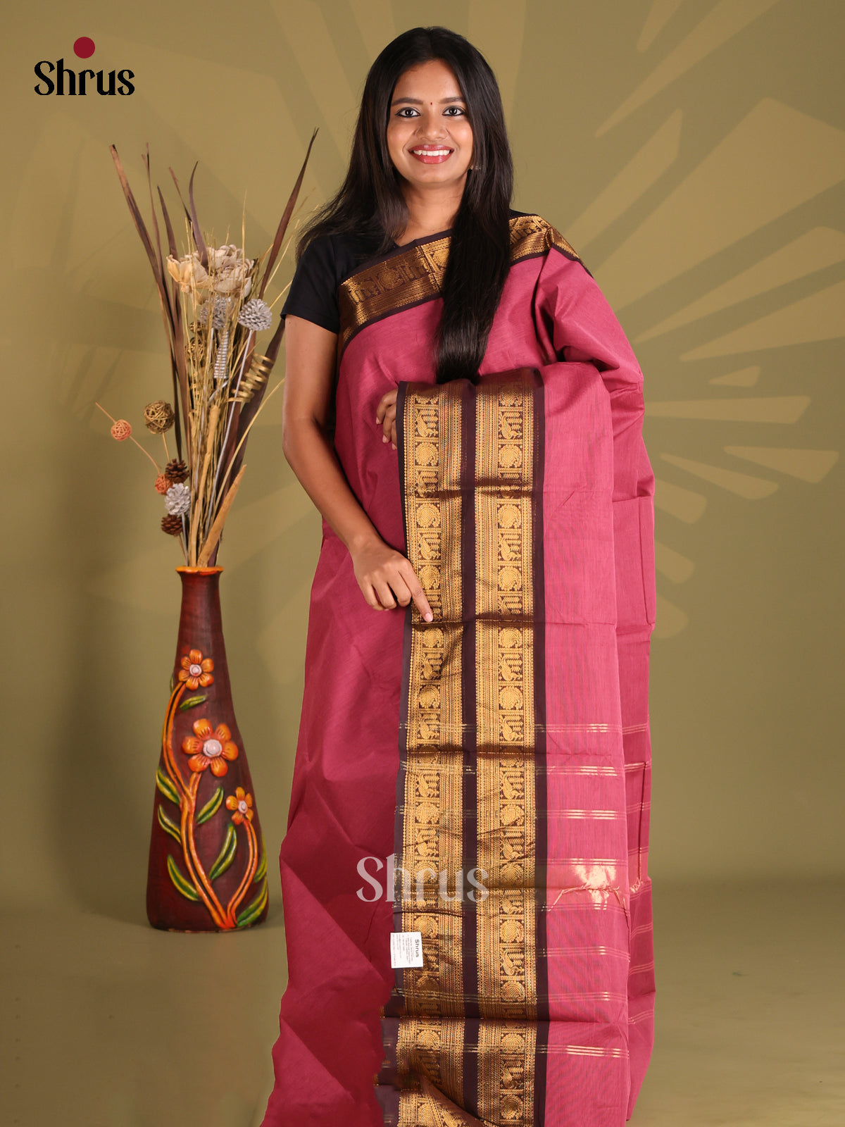 Pink & Brown- Chettinad Cotton Saree - Shop on Shrus.com