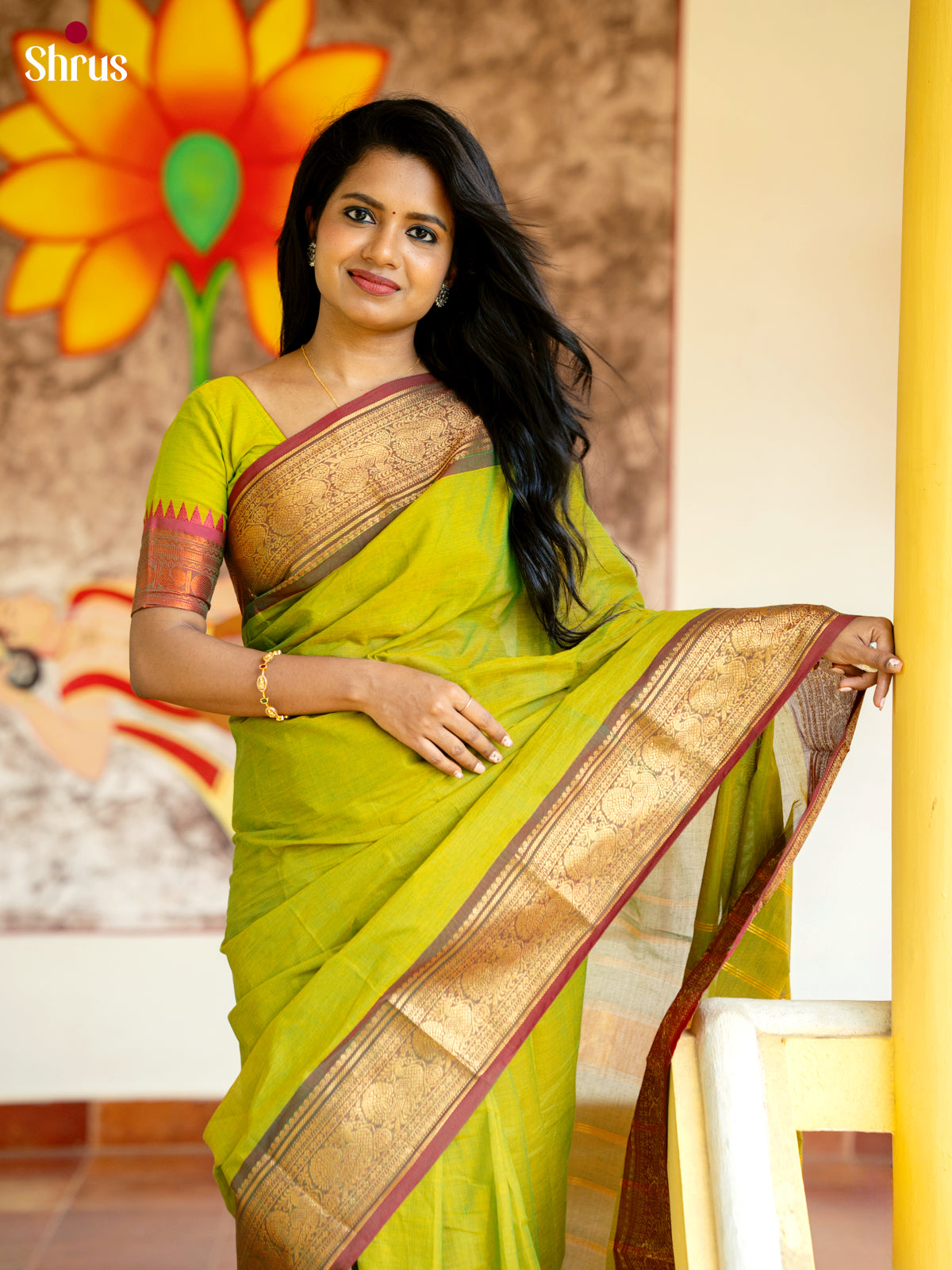 Parrot Green & Maroon - Chettinad Cotton Saree - Shop on Shrus.com