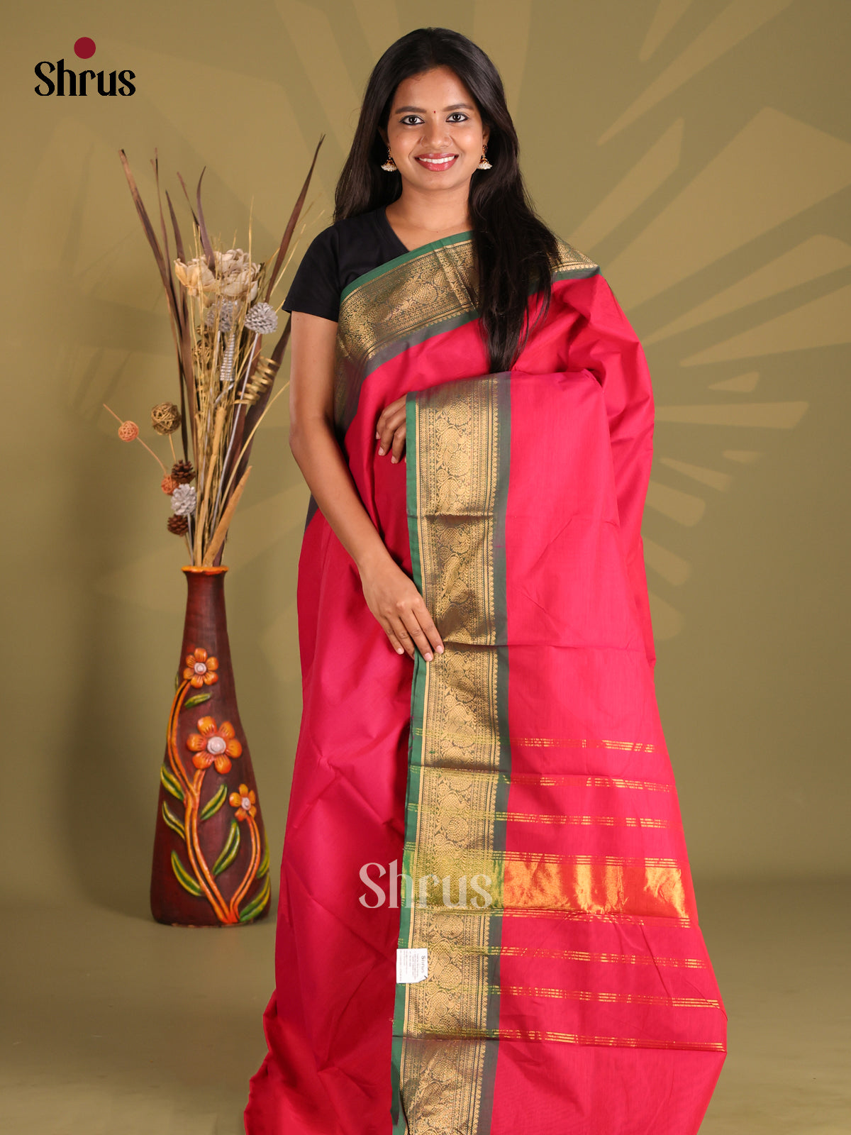 Pink  & Green- Chettinad Cotton Saree - Shop on Shrus.com
