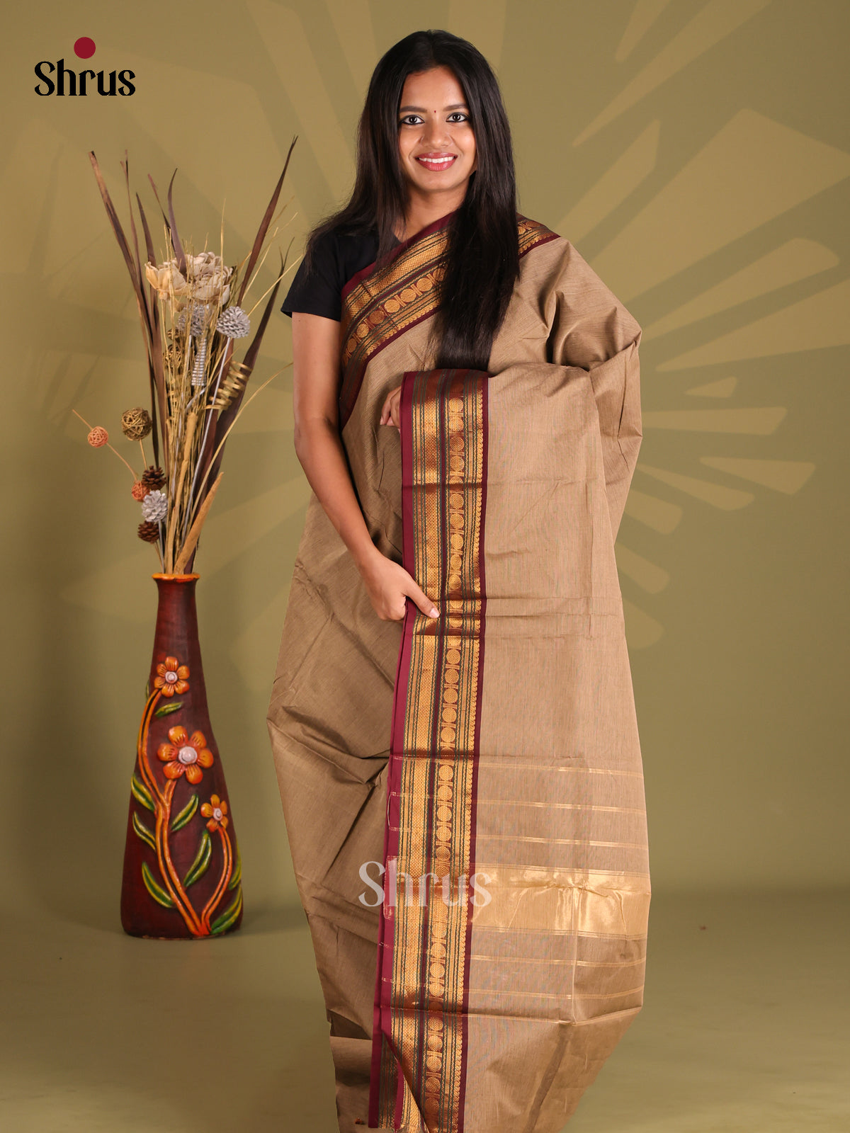Light Brown & Maroon - Chettinad Cotton Saree - Shop on Shrus.com