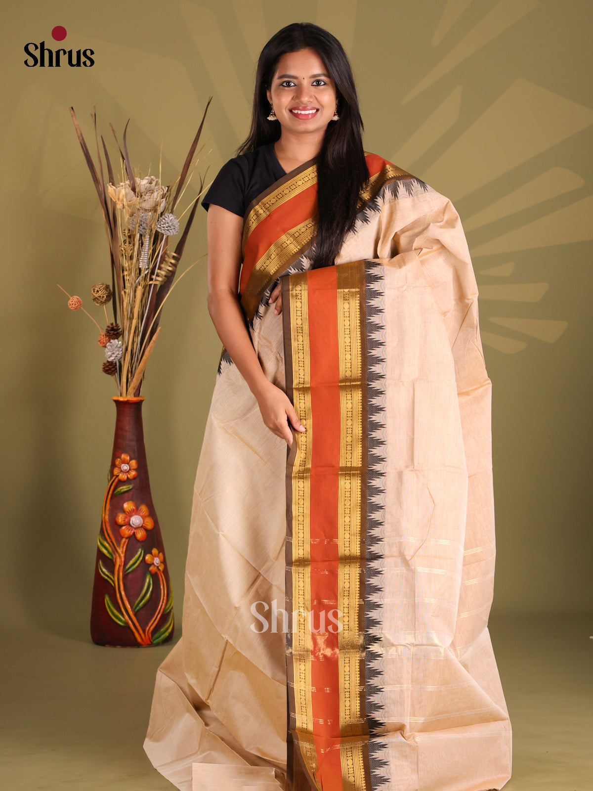 Cream & Brown- Chettinad Cotton Saree - Shop on Shrus.com