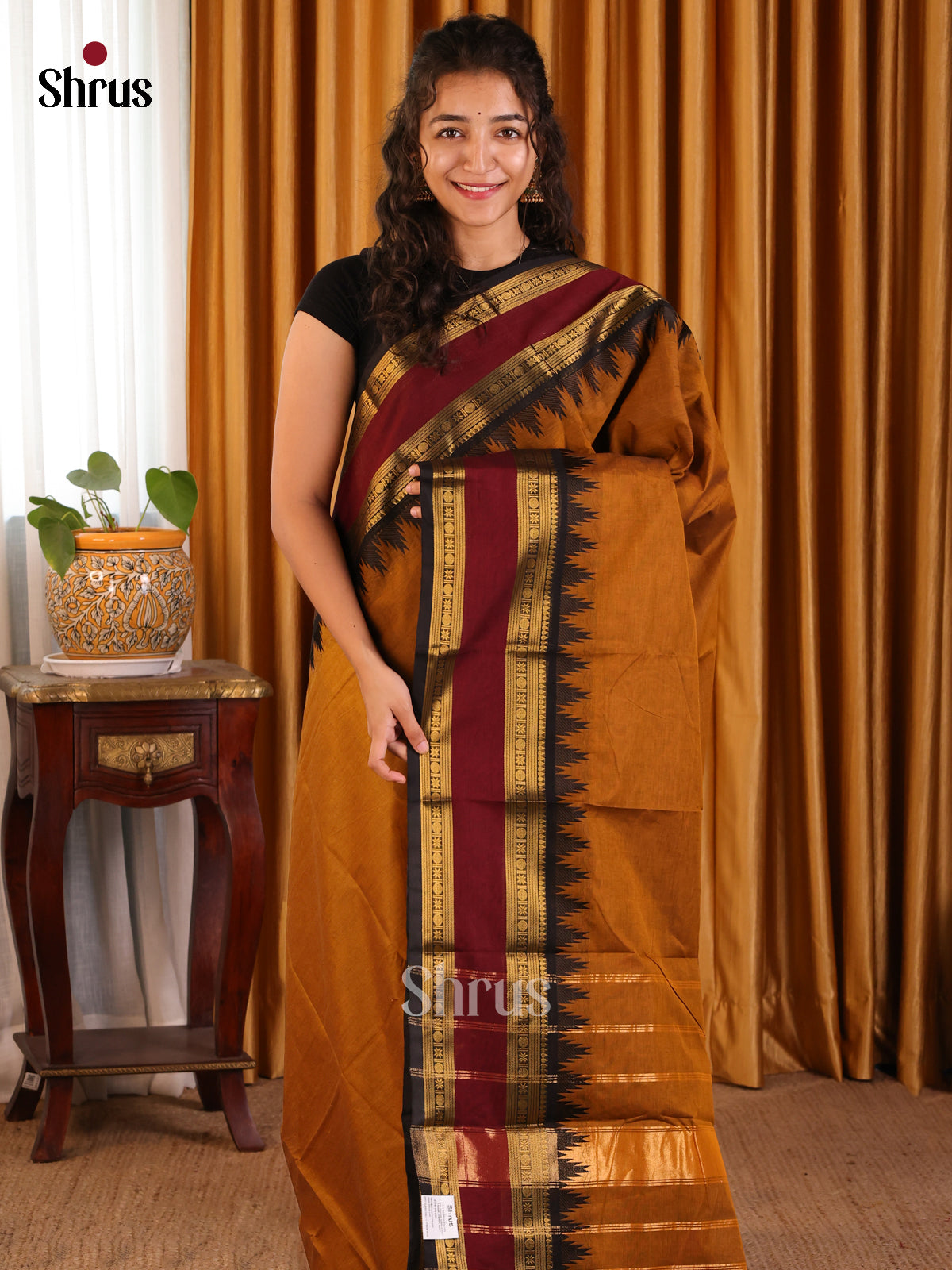 Dark Mustard with Black - Chettinad Cotton Saree - Shop on Shrus.com