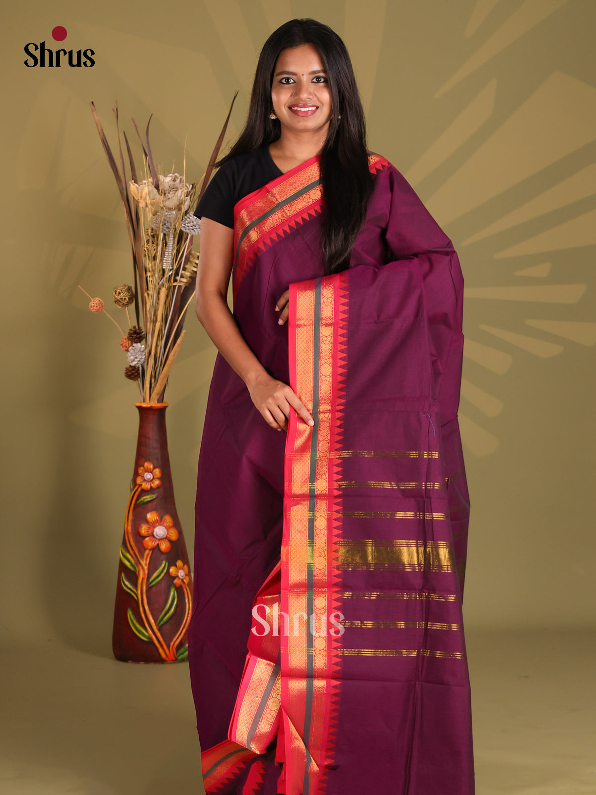 Purple & Red- Chettinad Cotton Saree - Shop on Shrus.com