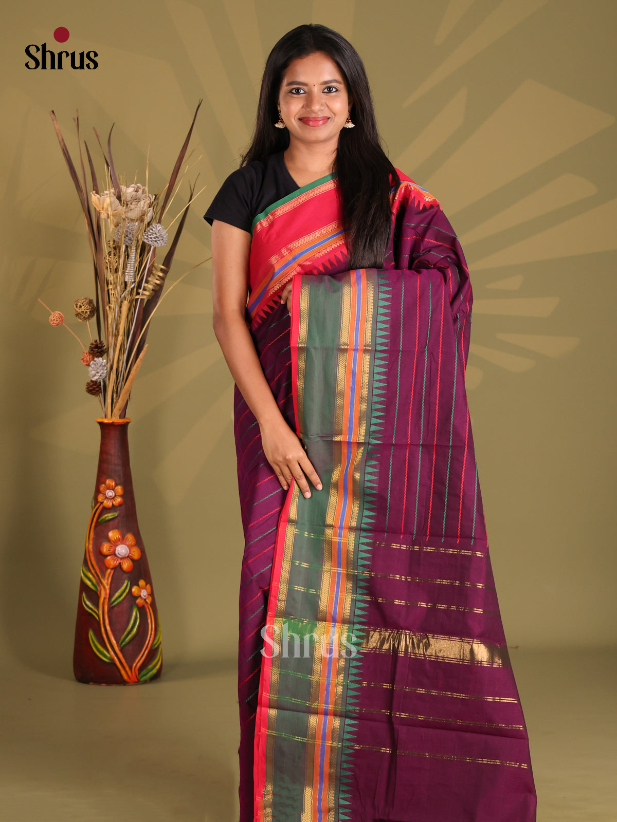 Purple & Green - Chettinad Cotton Saree - Shop on Shrus.com