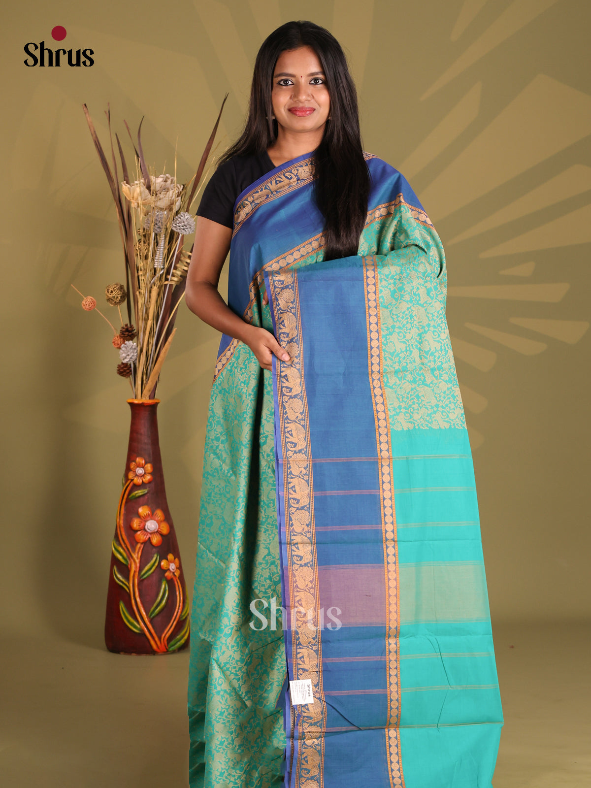 Teal & Blue- Chettinad Cotton Saree - Shop on Shrus.com