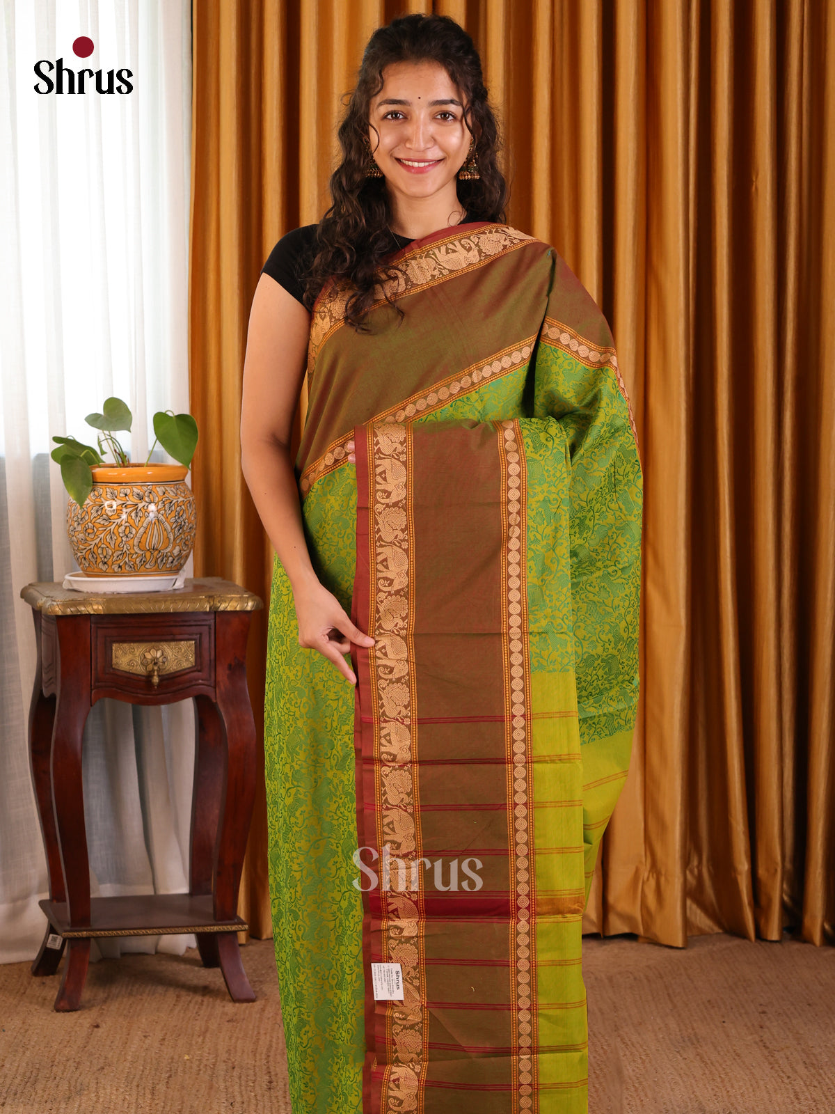 Lite Green with Maroon - Chettinad Cotton Saree - Shop on Shrus.com